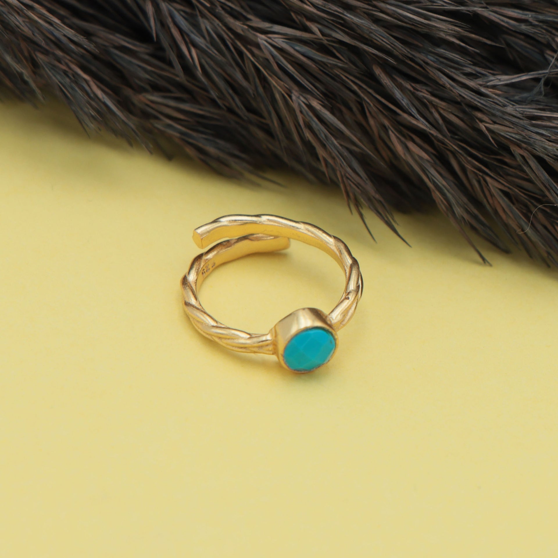 Dua Handmade Turquoise Round Ring 6mm – Blue Adjustable Gold-Plated Contemporary Natural Stone Jewelry