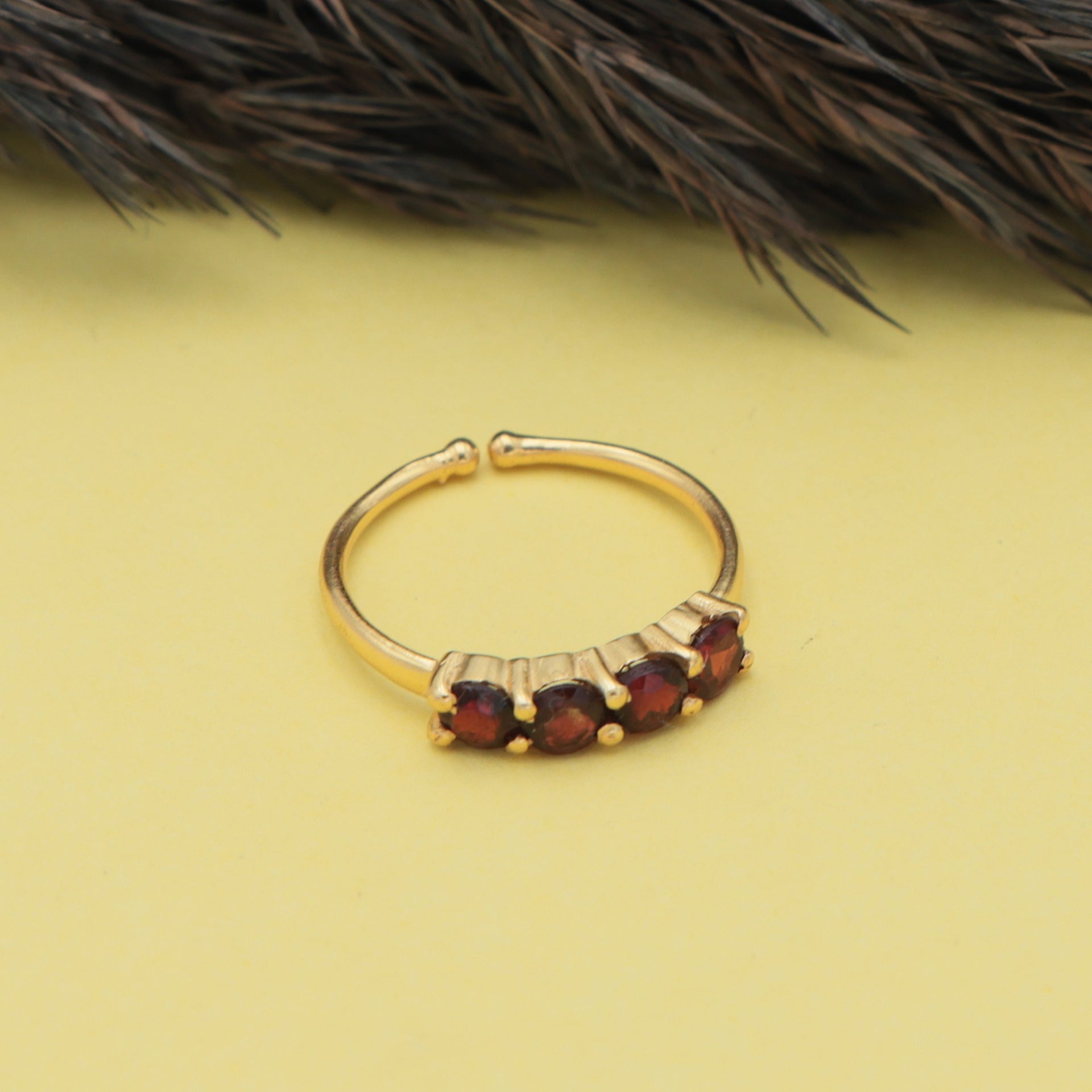 Dua Handmade Garnet Round Ring 4mm – Brown Adjustable Gold-Plated Contemporary Ring for Women