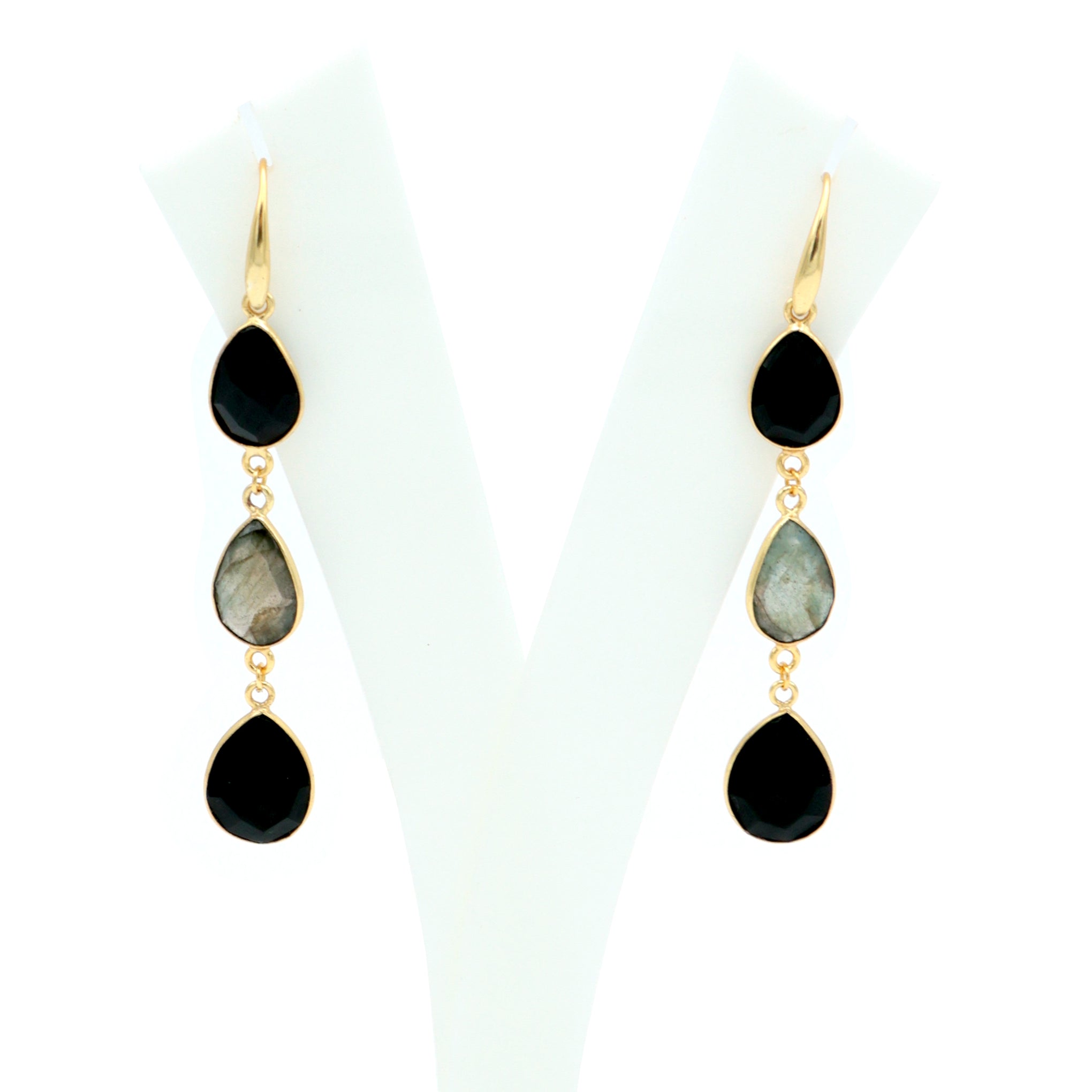 Dua Labradorite & Black Onyx Earrings – Handmade Pear Cut Natural Stone Earrings (9x12mm, 11x14mm)