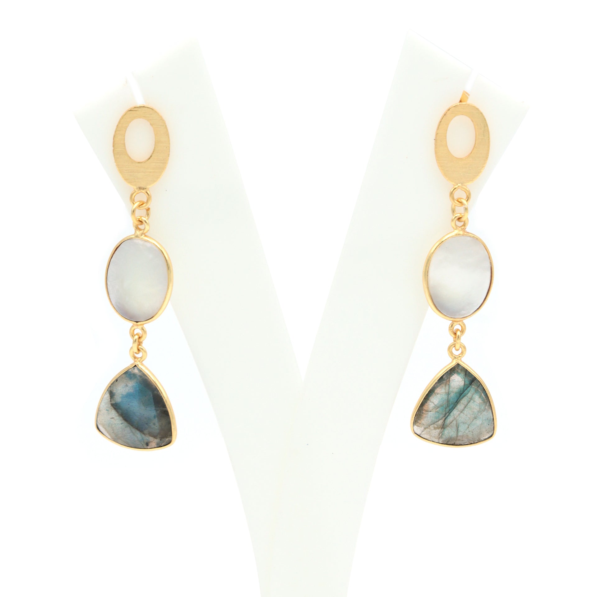 Dua Mother of Pearl & Labradorite Earrings – Handmade Oval & Trillion Cut Gemstone Earrings (12x15mm, 15mm)