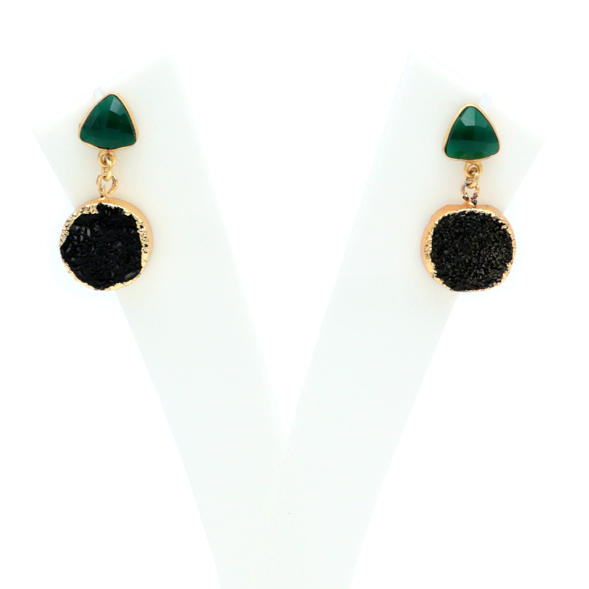 Dua Green Onyx & Druzy Earrings – Handmade Trillion & Round Cut Natural Gemstone Earrings (8mm, 15mm)
