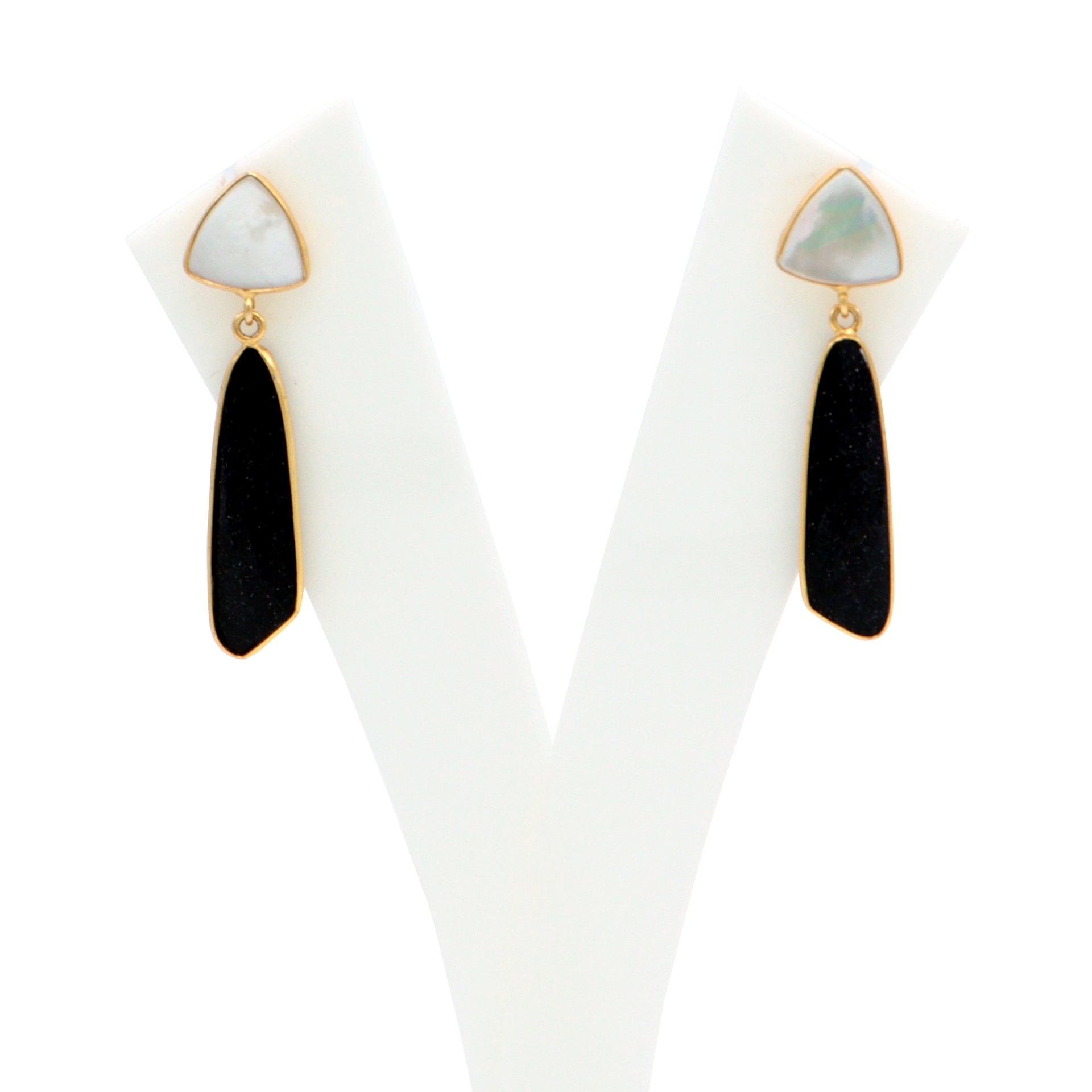 Dua Mother of Pearl & Blue Sunstone Earrings – Handmade Trillion & Unique Cut Gemstone Earrings (10mm, 8x26mm)