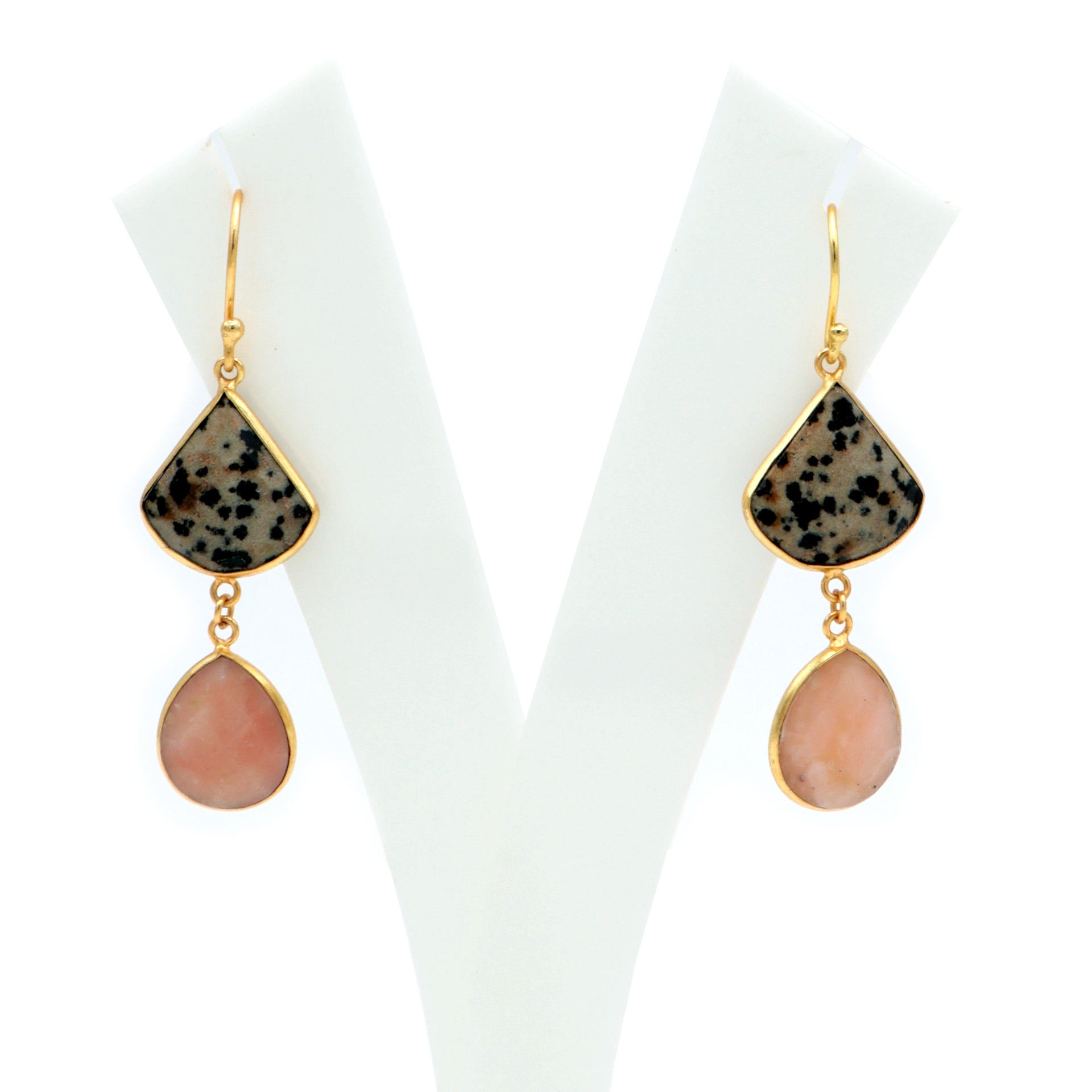 Dua Dalmatian Jasper & Pink Opal Earrings – Handmade Quarter Circle & Pear Cut Gemstone Earrings (17mm, 12x15mm)