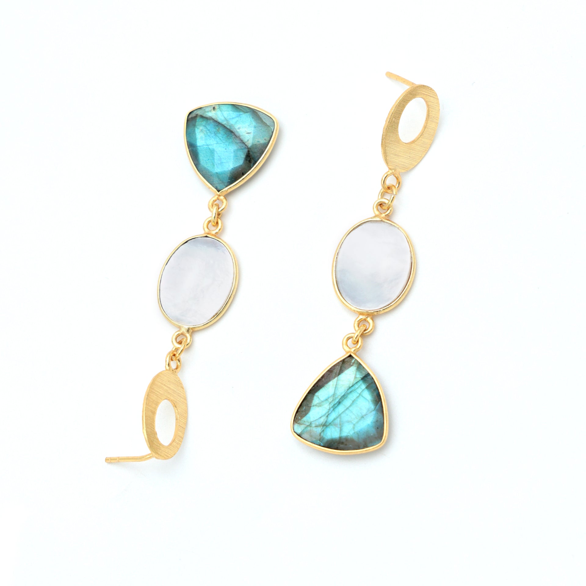 Dua Mother of Pearl & Labradorite Earrings – Handmade Oval & Trillion Cut Gemstone Earrings (12x15mm, 15mm)