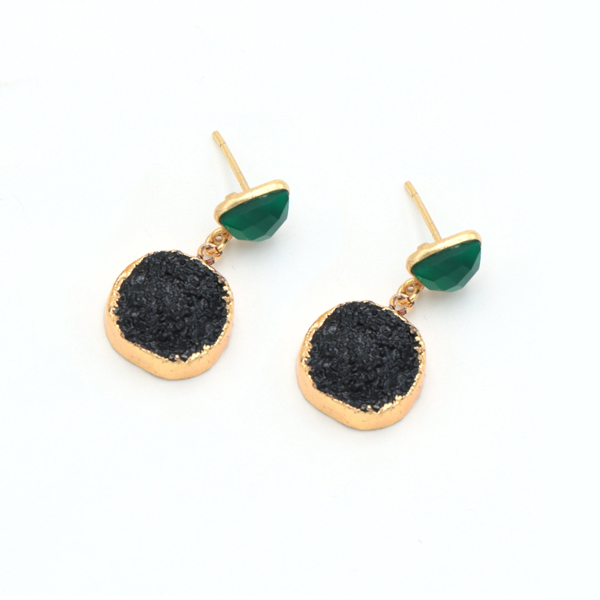 Dua Green Onyx & Druzy Earrings – Handmade Trillion & Round Cut Natural Gemstone Earrings (8mm, 15mm)
