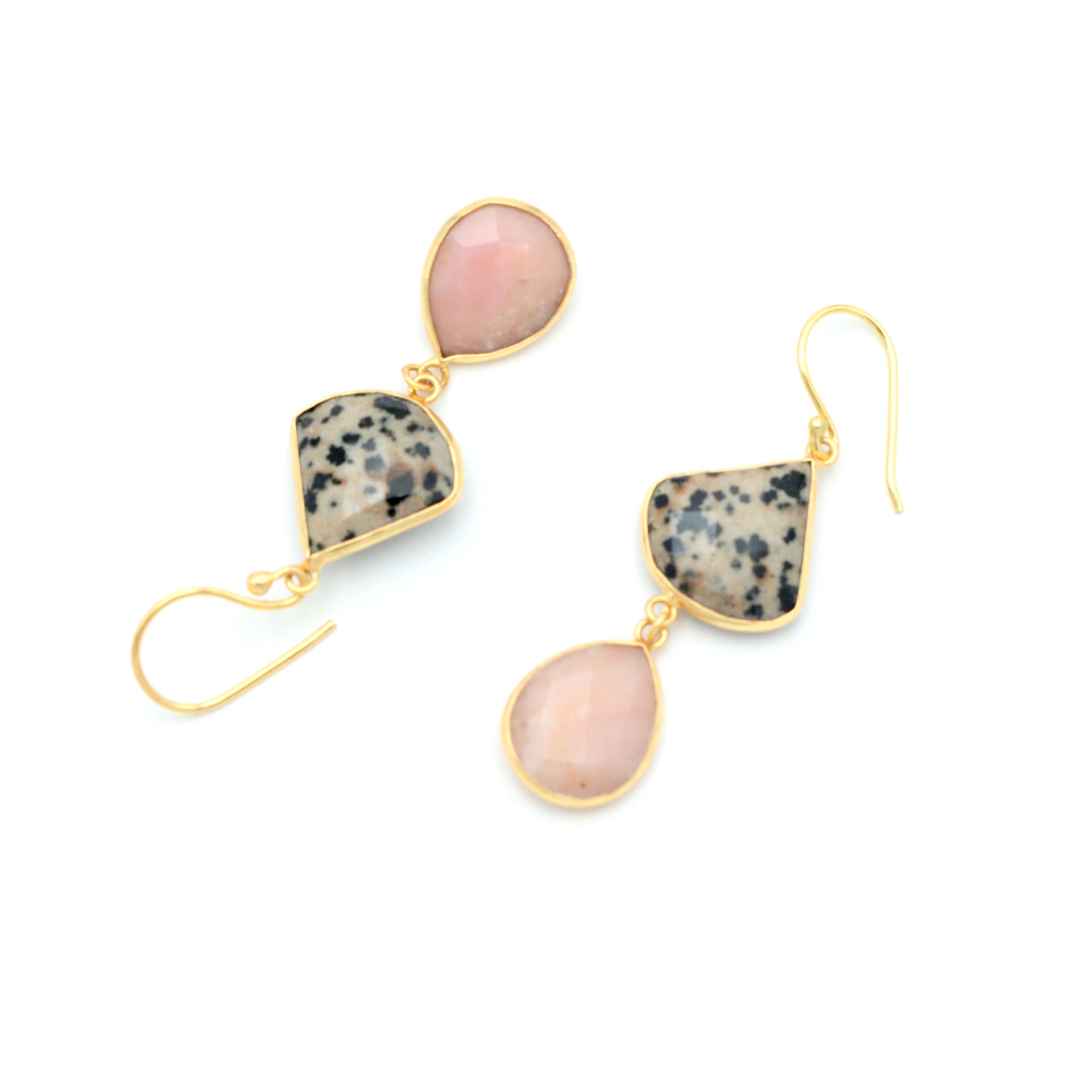 Dua Dalmatian Jasper & Pink Opal Earrings – Handmade Quarter Circle & Pear Cut Gemstone Earrings (17mm, 12x15mm)