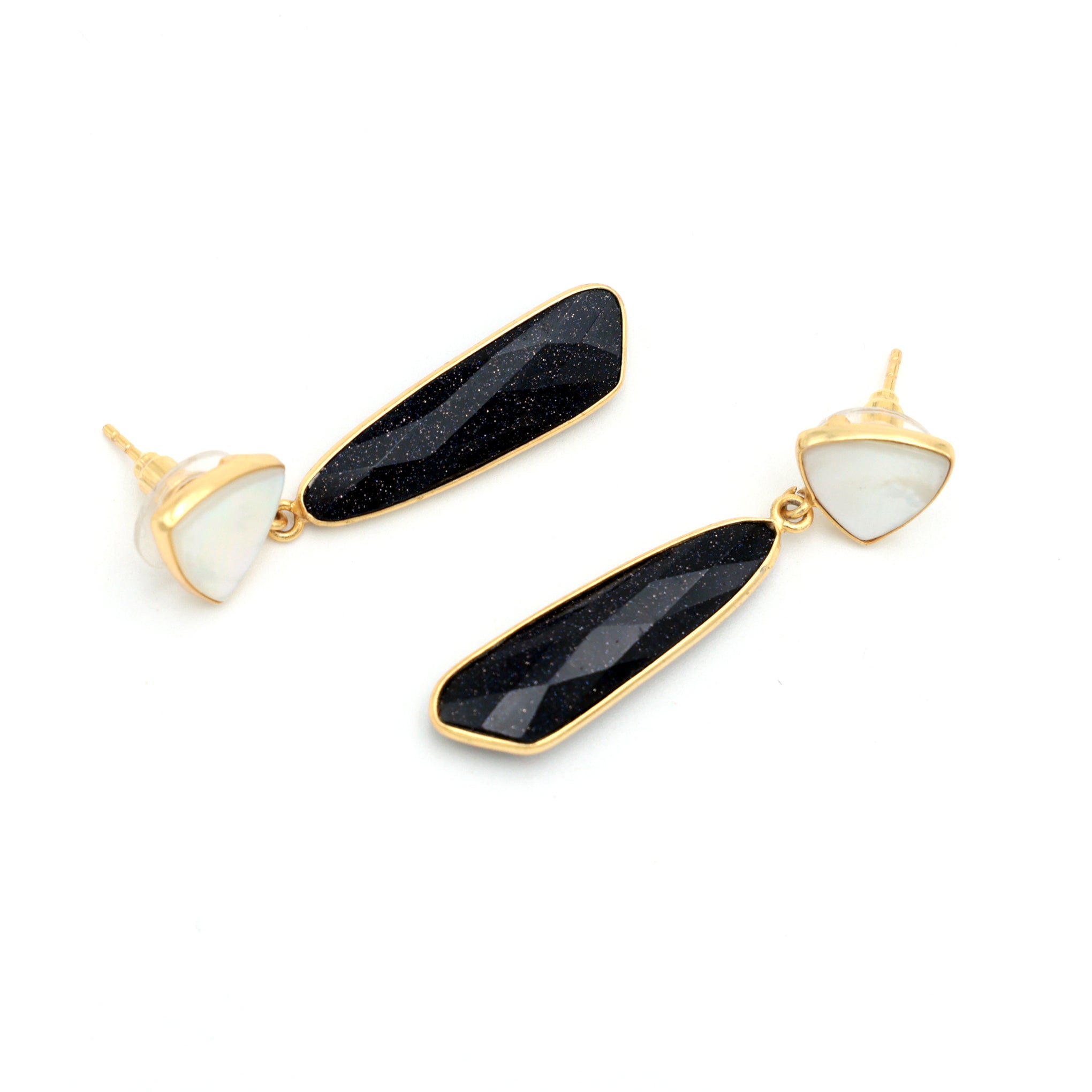 Dua Mother of Pearl & Blue Sunstone Earrings – Handmade Trillion & Unique Cut Gemstone Earrings (10mm, 8x26mm)