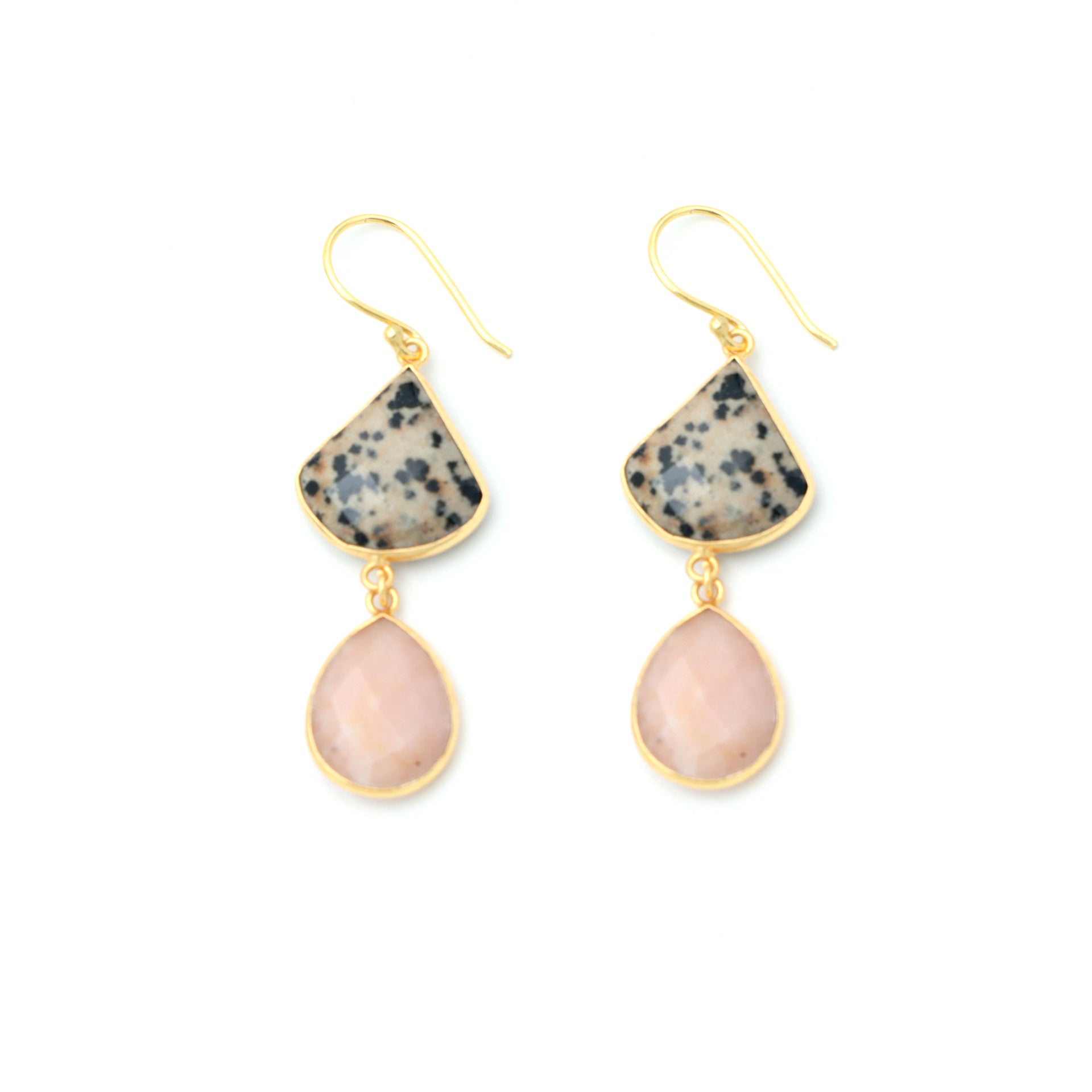 Dua Dalmatian Jasper & Pink Opal Earrings – Handmade Quarter Circle & Pear Cut Gemstone Earrings (17mm, 12x15mm)