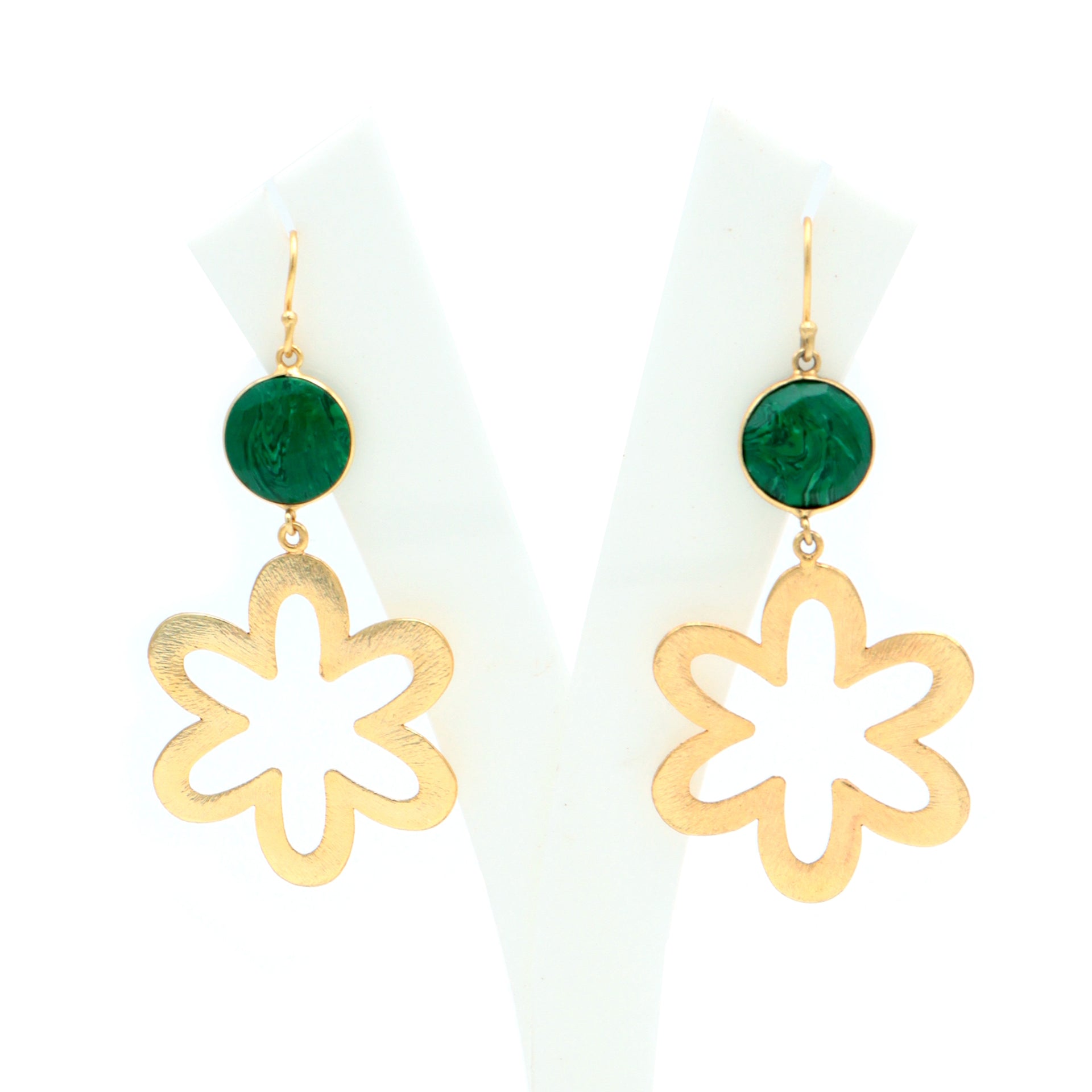 Dua Malachite Flower Earrings – Handmade 14mm Natural Green Gemstone Round Earrings