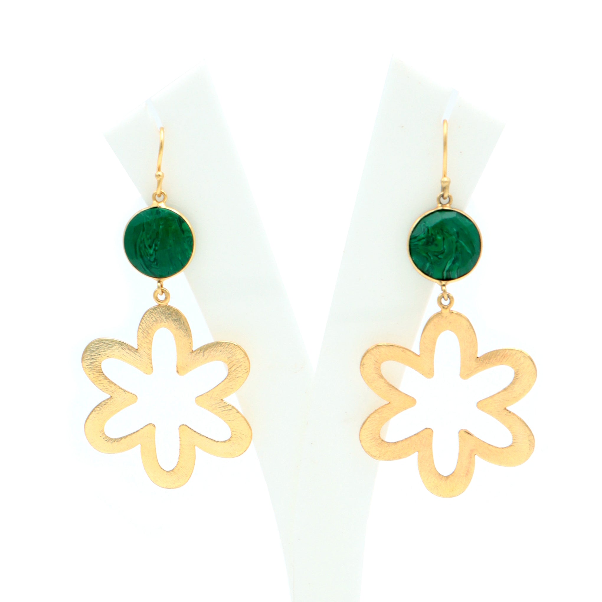 Dua Malachite Flower Earrings – Handmade 14mm Natural Green Gemstone Round Earrings