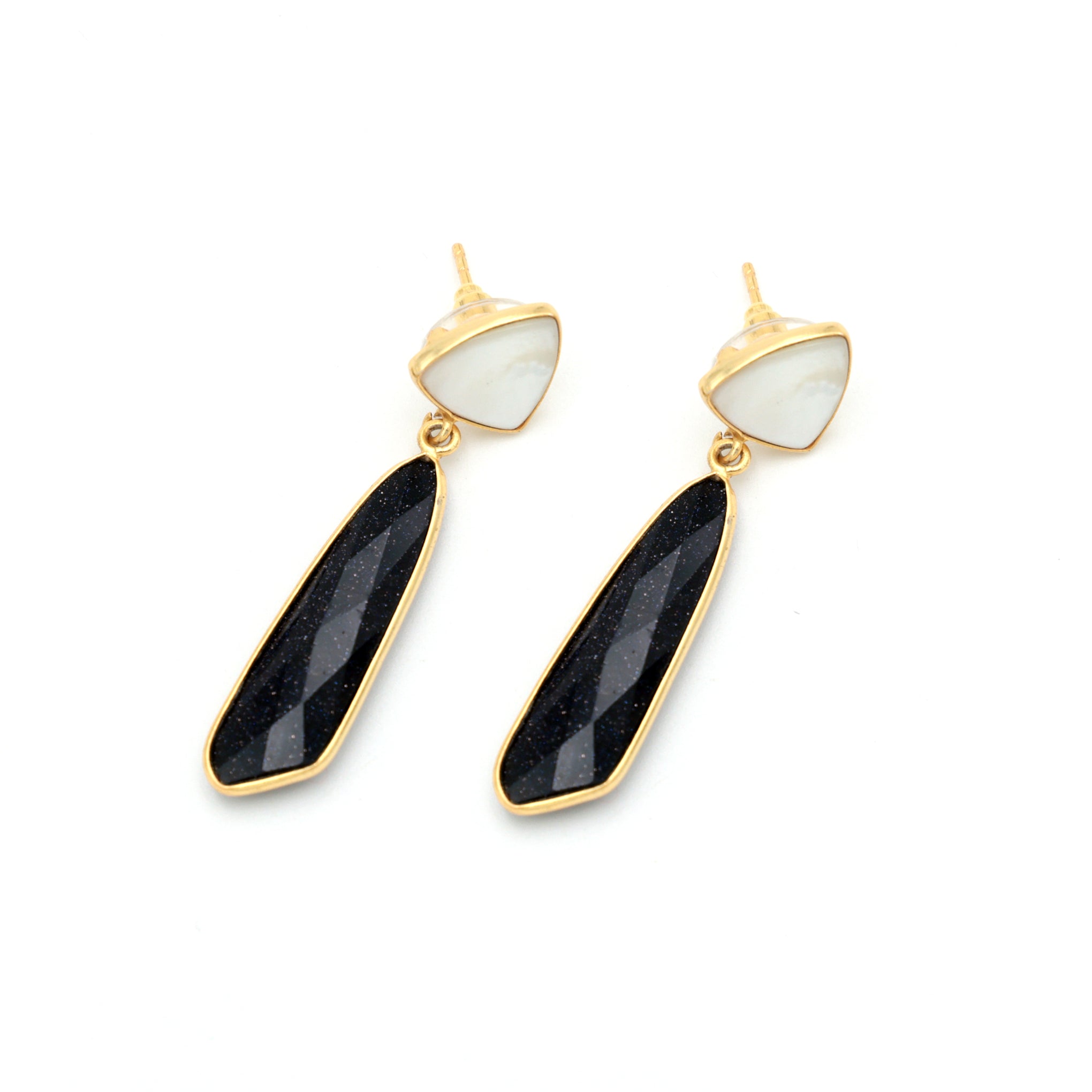 Dua Mother of Pearl & Blue Sunstone Earrings – Handmade Trillion & Unique Cut Gemstone Earrings (10mm, 8x26mm)