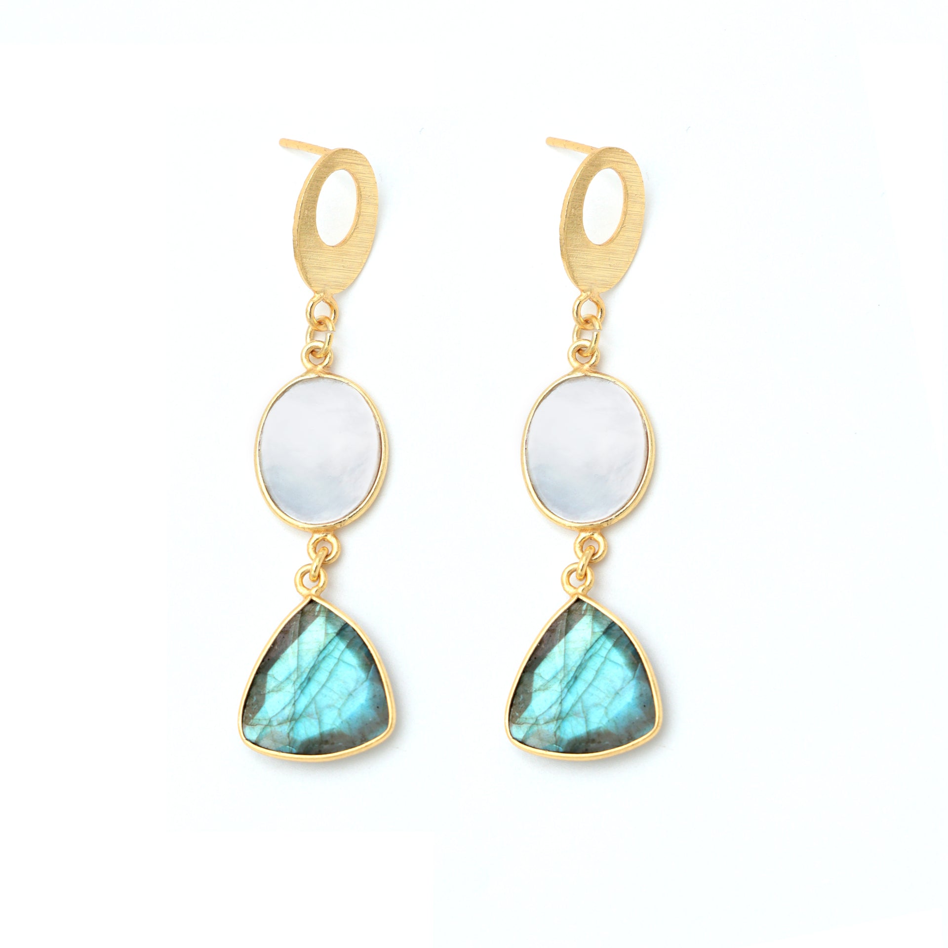 Dua Mother of Pearl & Labradorite Earrings – Handmade Oval & Trillion Cut Gemstone Earrings (12x15mm, 15mm)