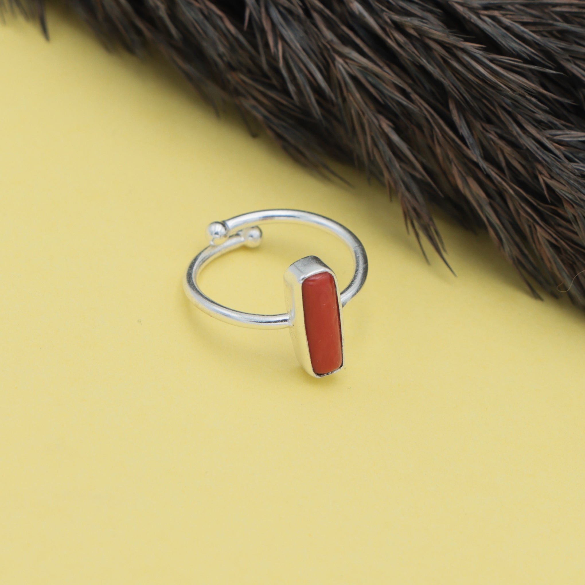 Dua Handmade Coral Moonga Capsule Ring 5x13mm – Red Adjustable Silver-Plated Birthstone - Raashi Ratan Ring for Women & Girls