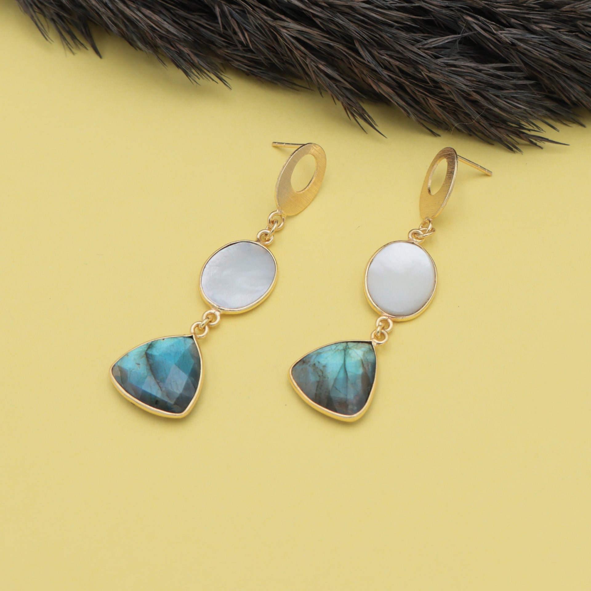 Dua Mother of Pearl & Labradorite Earrings – Handmade Oval & Trillion Cut Gemstone Earrings (12x15mm, 15mm)