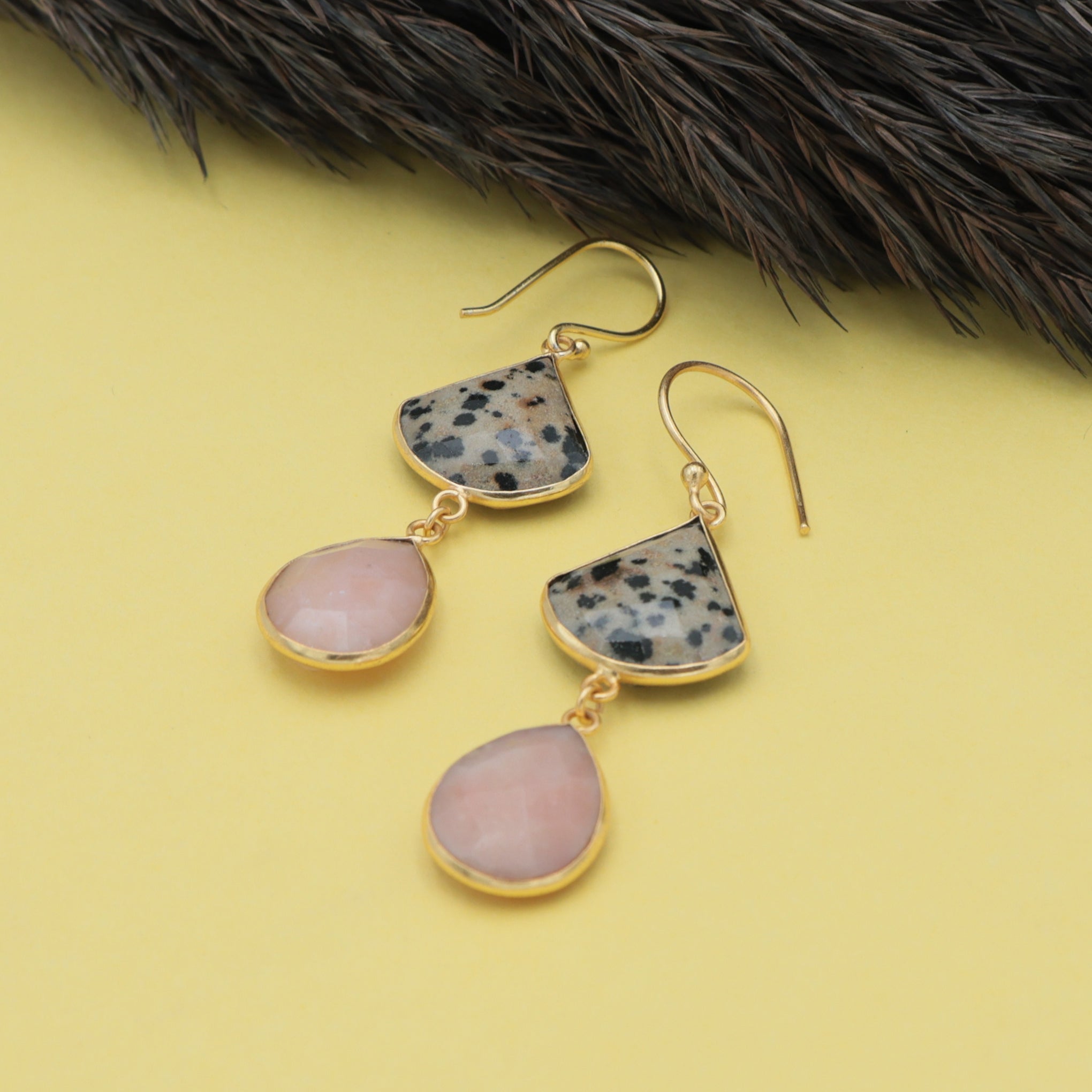 Dua Dalmatian Jasper & Pink Opal Earrings – Handmade Quarter Circle & Pear Cut Gemstone Earrings (17mm, 12x15mm)