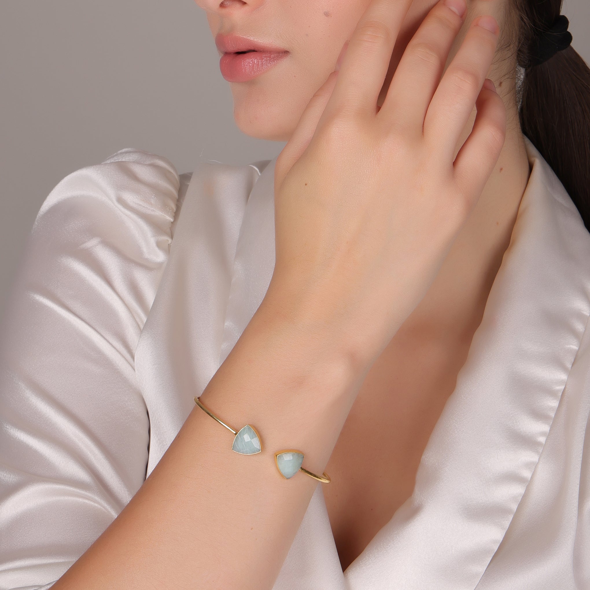 Amazonite Double Bangle Bracelet – Gold Plated Brass Green Healing Jewelry