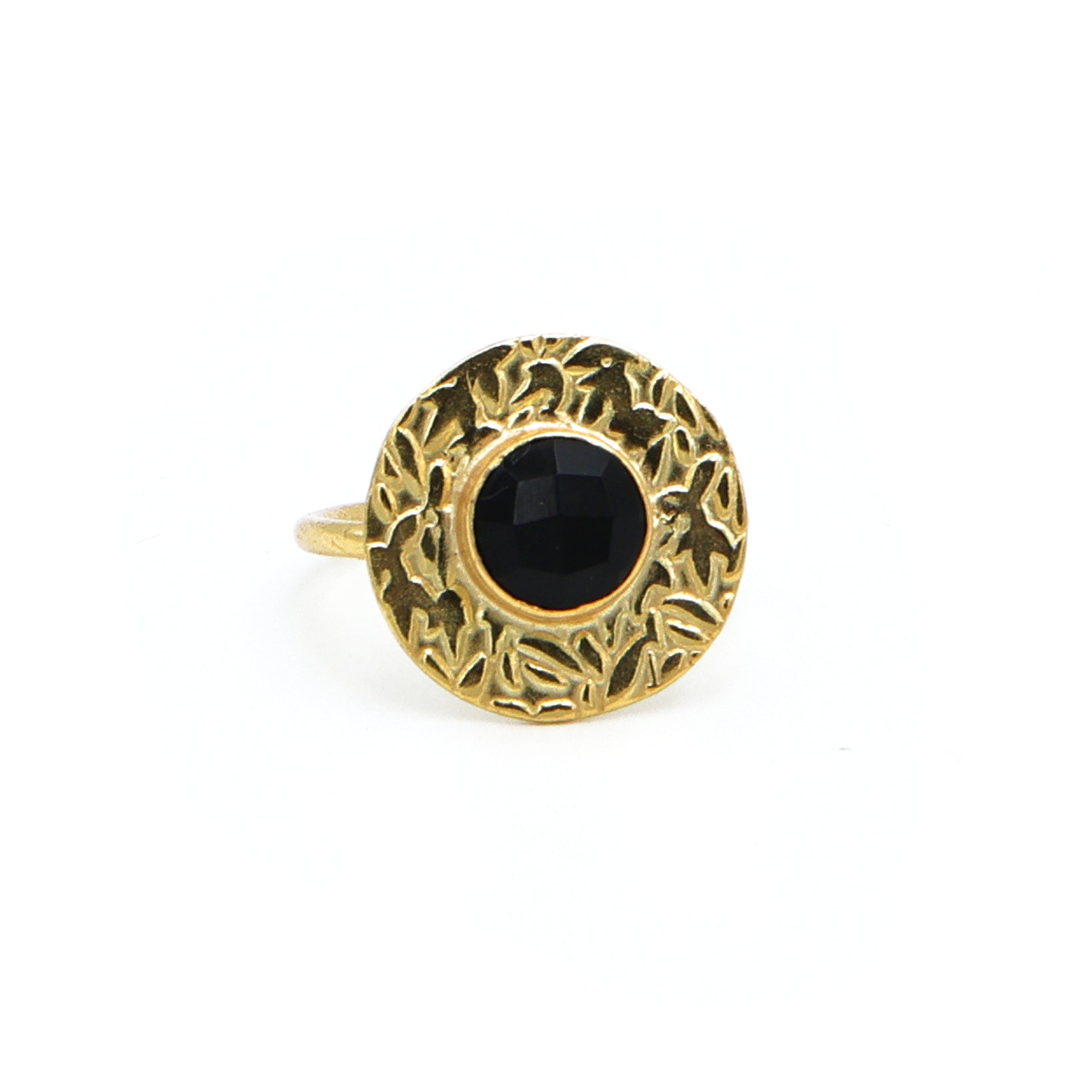 Black Onyx Adjustable Round Ring – 18kt Gold Plated Brass for Women