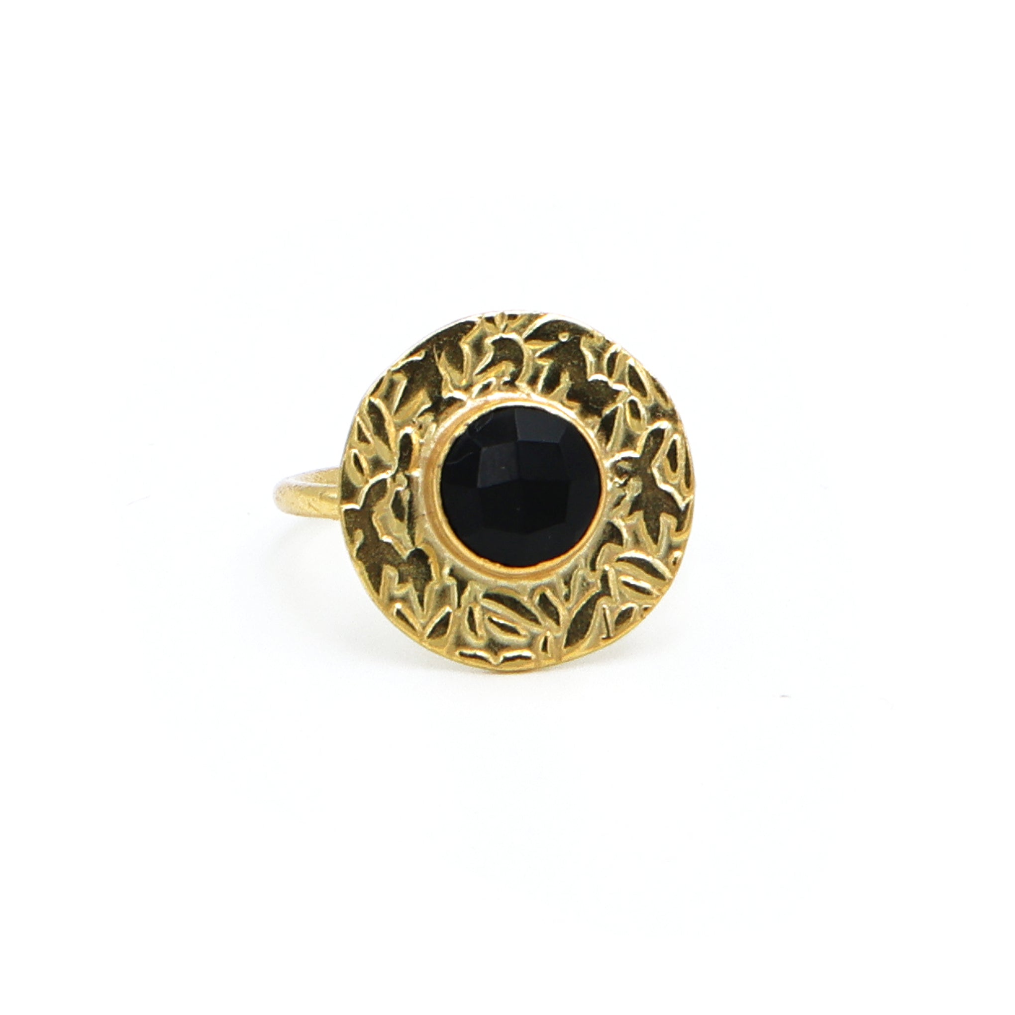 Black Onyx Adjustable Round Ring – 18kt Gold Plated Brass for Women