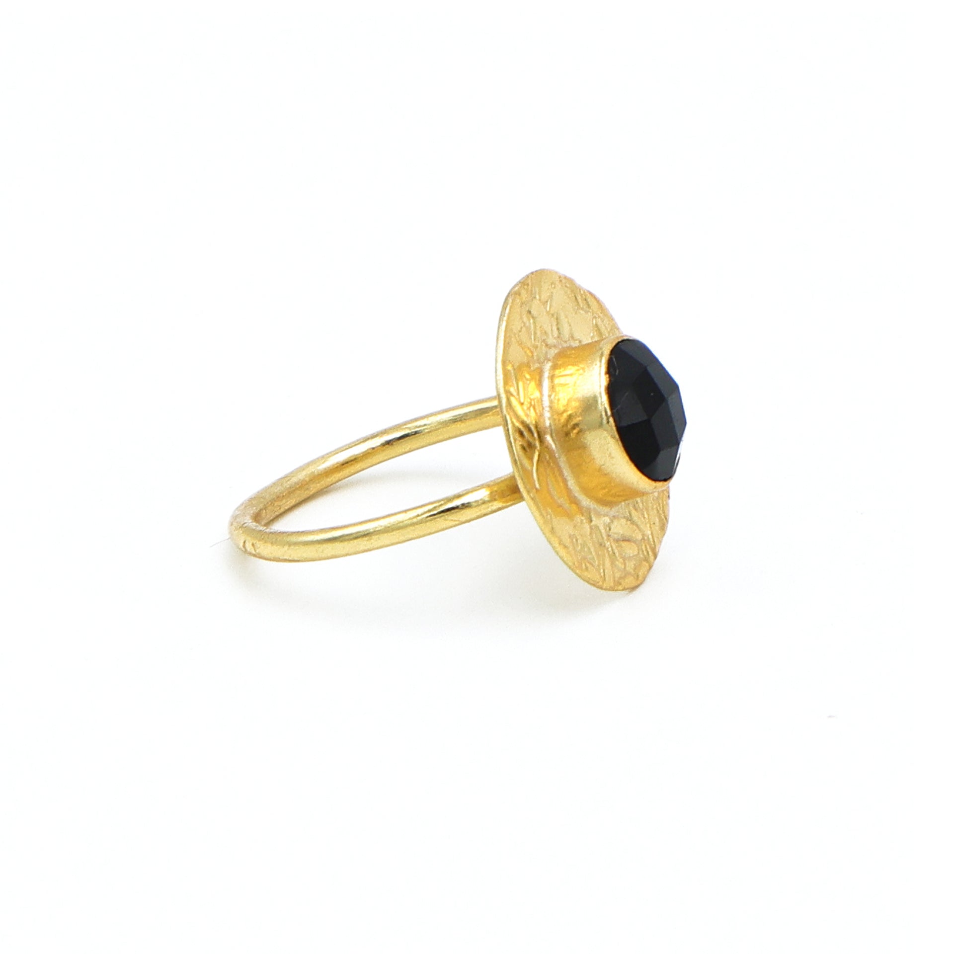 Black Onyx Adjustable Round Ring – 18kt Gold Plated Brass for Women