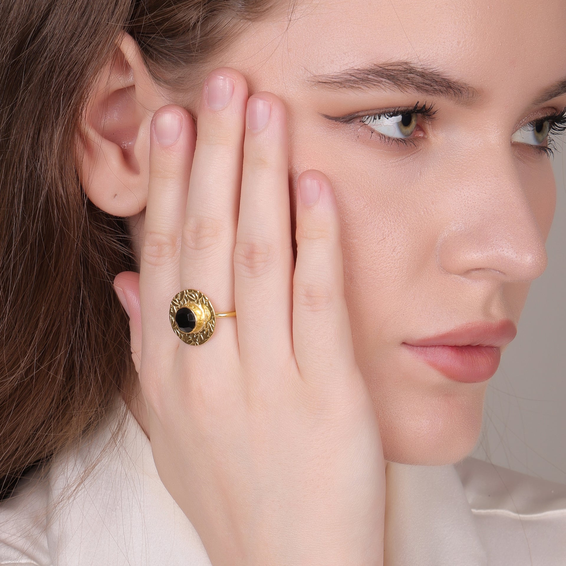 Black Onyx Adjustable Round Ring – 18kt Gold Plated Brass for Women