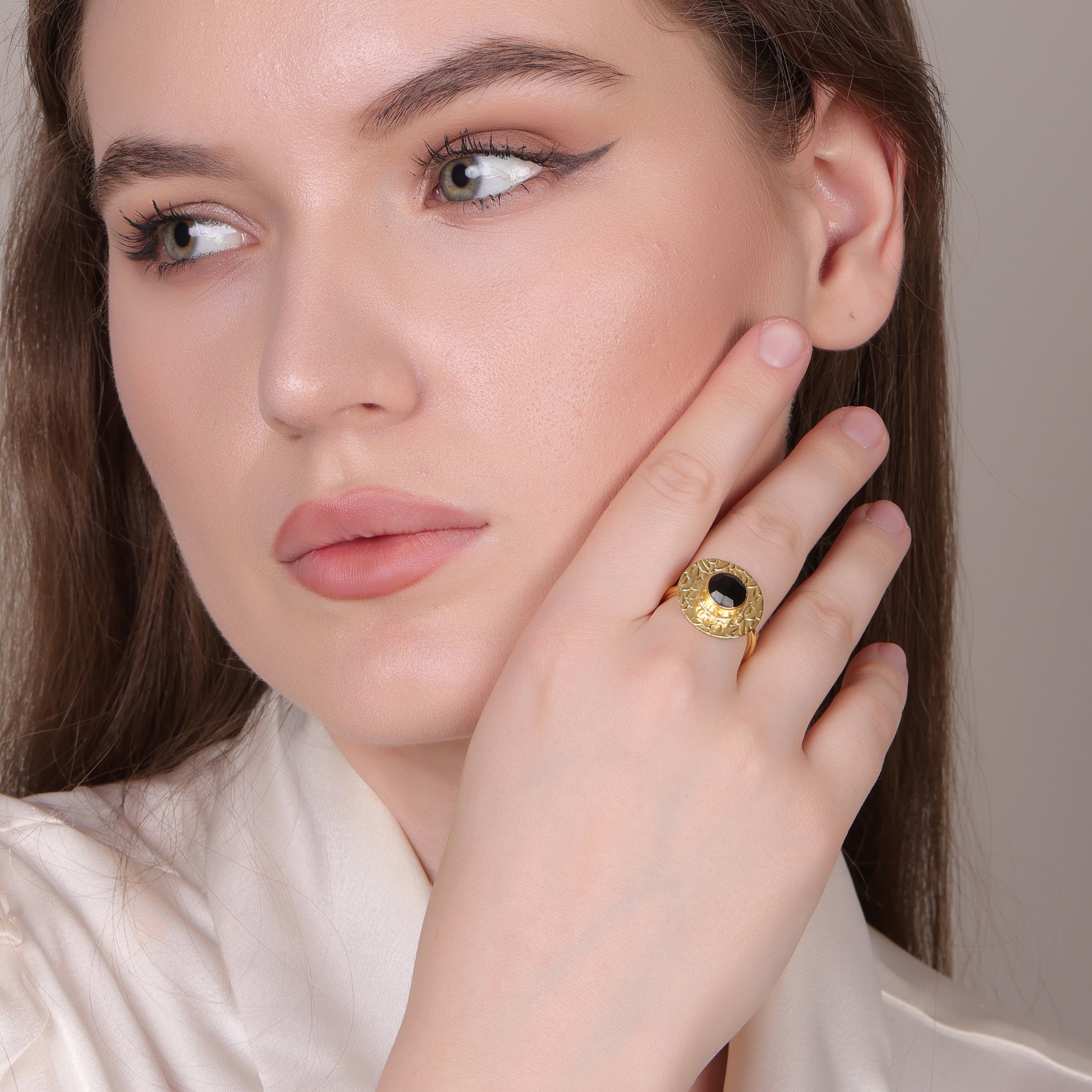 Black Onyx Adjustable Round Ring – 18kt Gold Plated Brass for Women