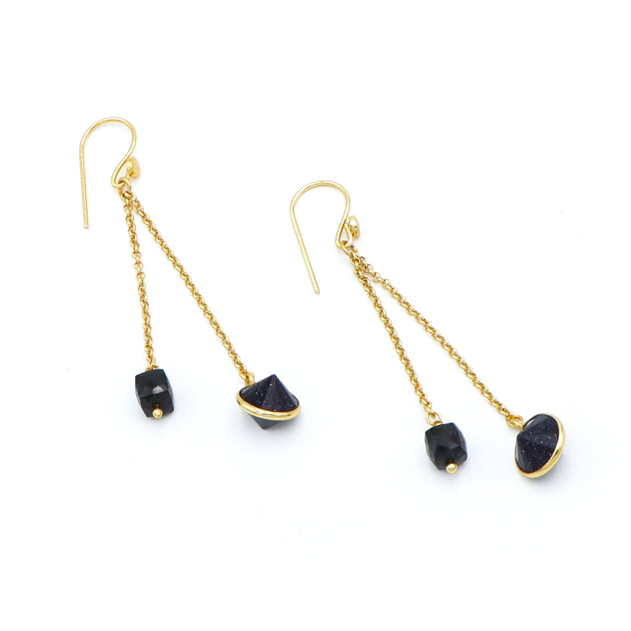Blue Sunstone & Black Spinal Gold-Plated Handcrafted Earrings – Contemporary Minimalist Jewelry for Women