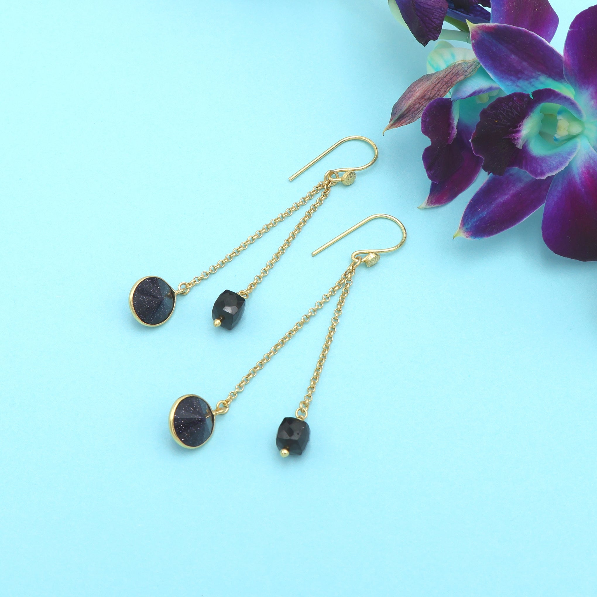 Blue Sunstone & Black Spinal Gold-Plated Handcrafted Earrings – Contemporary Minimalist Jewelry for Women