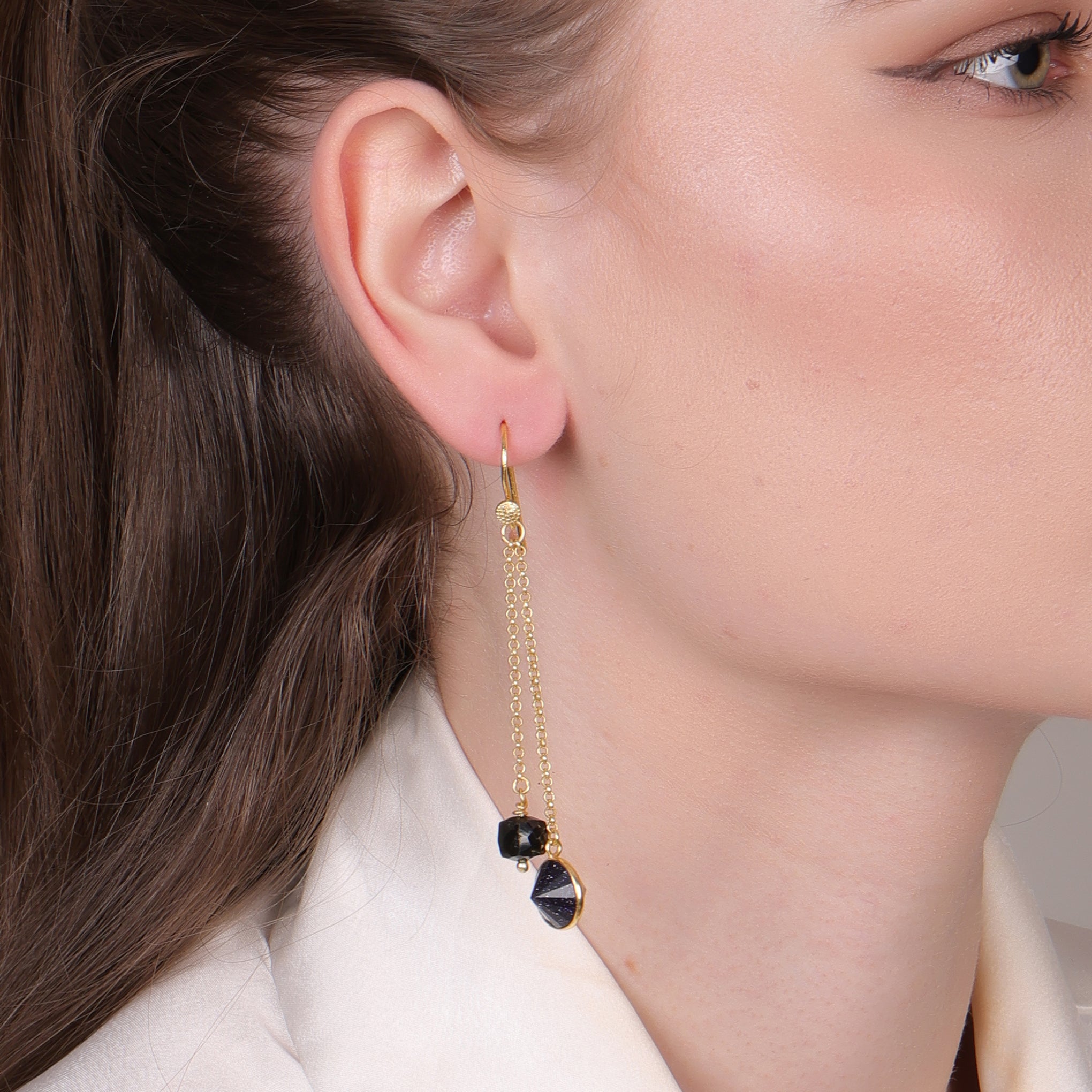 Blue Sunstone & Black Spinal Gold-Plated Handcrafted Earrings – Contemporary Minimalist Jewelry for Women