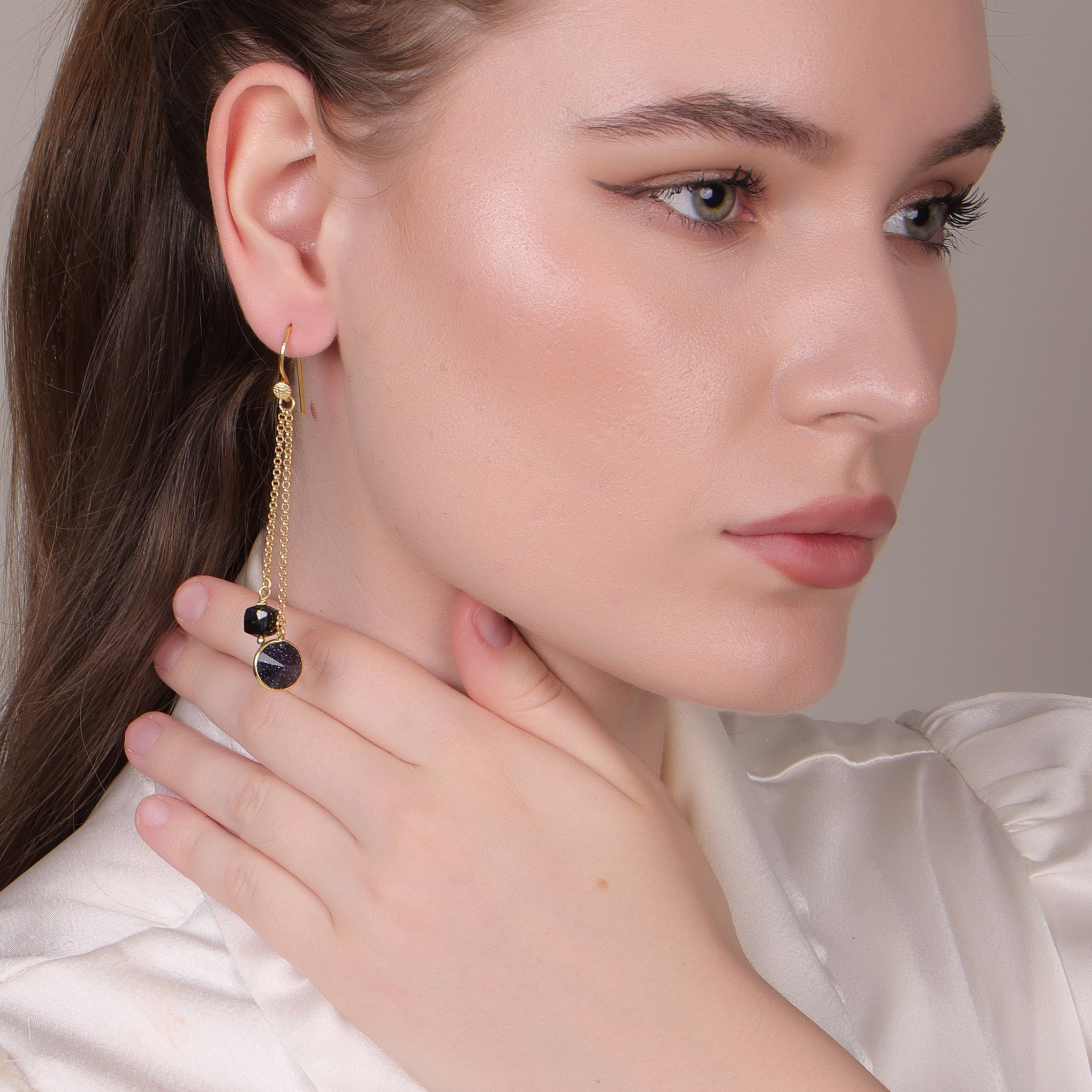 Blue Sunstone & Black Spinal Gold-Plated Handcrafted Earrings – Contemporary Minimalist Jewelry for Women