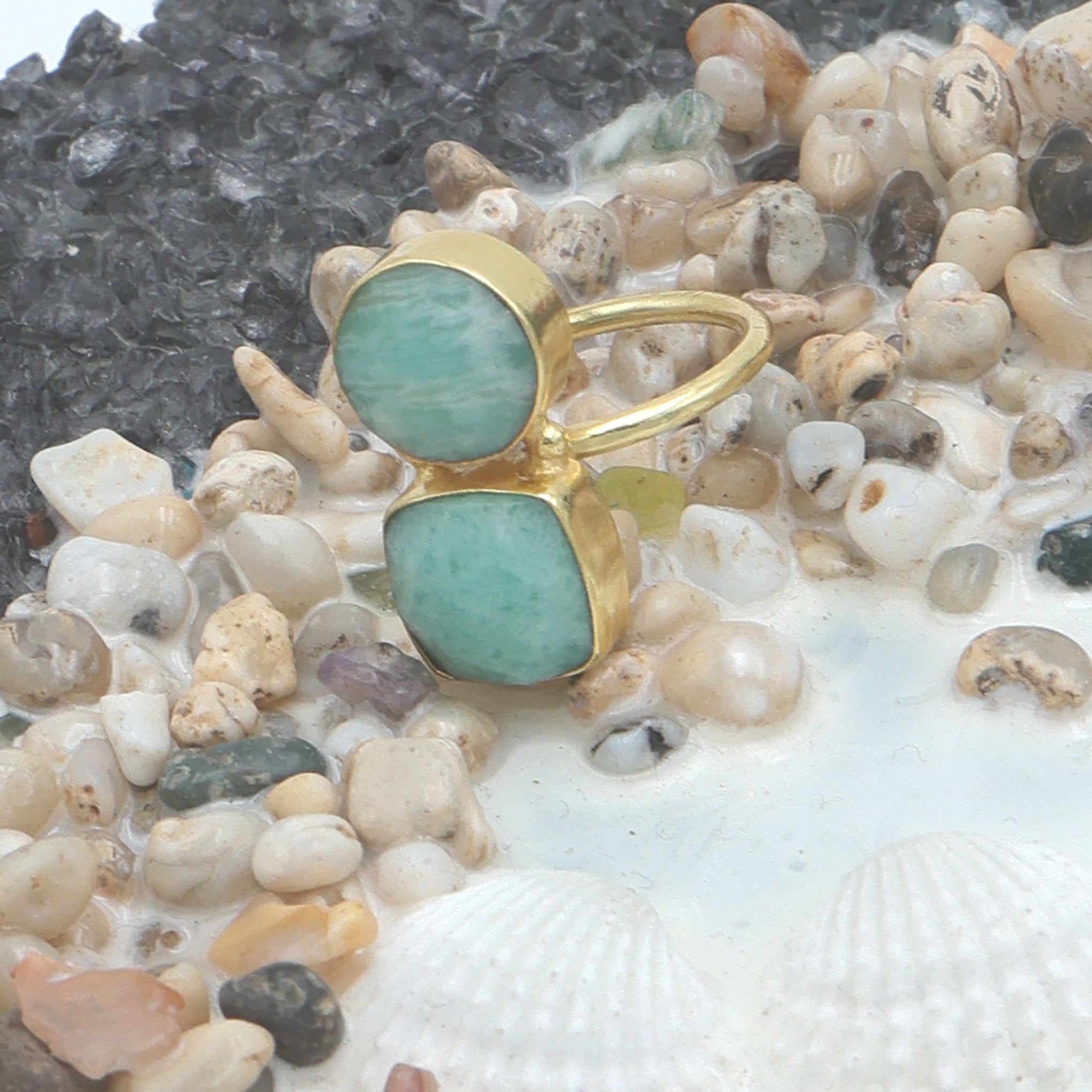 Dua Amazonite Cushion Round Ring | Gold Plated Adjustable Women’s Jewelry