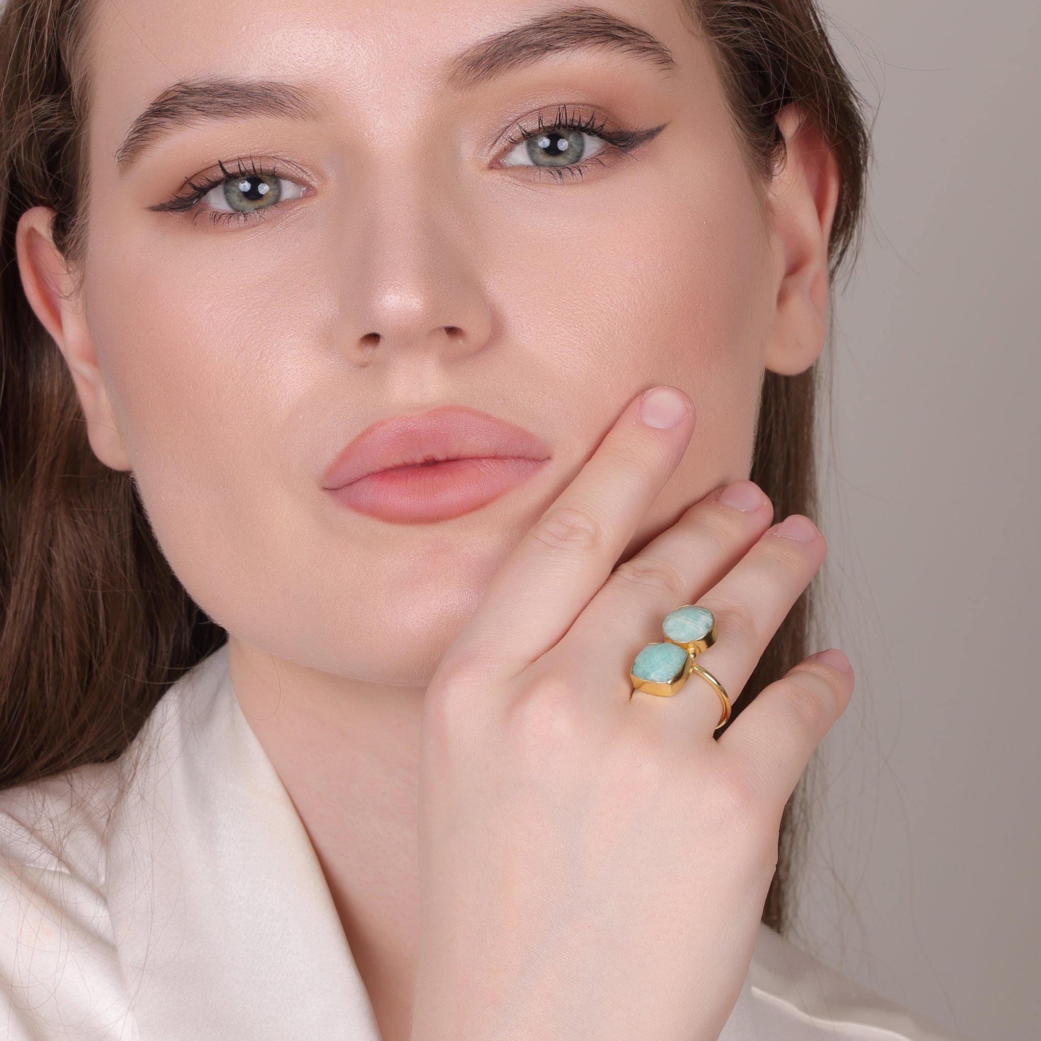 Dua Amazonite Cushion Round Ring | Gold Plated Adjustable Women’s Jewelry