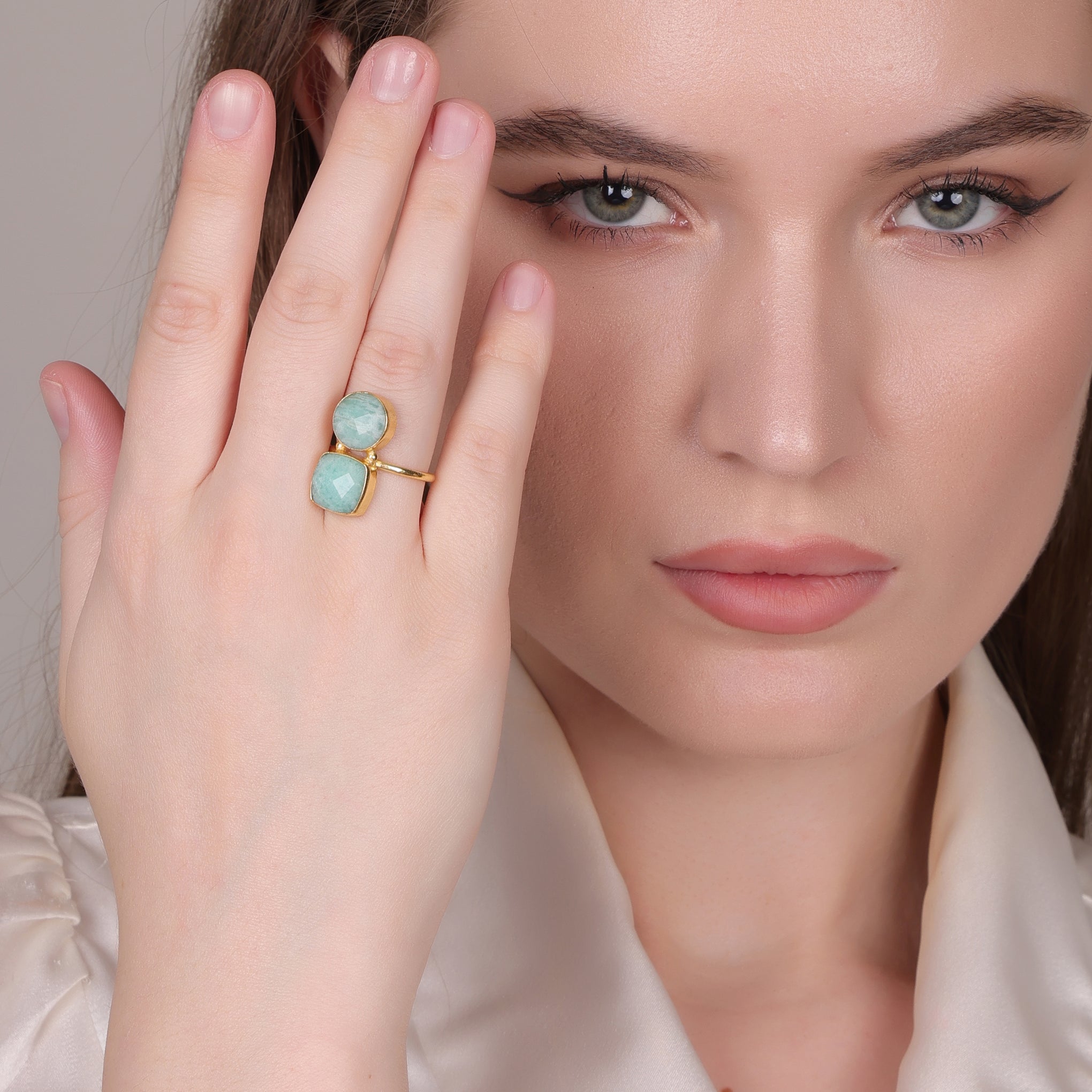 Dua Amazonite Cushion Round Ring | Gold Plated Adjustable Women’s Jewelry