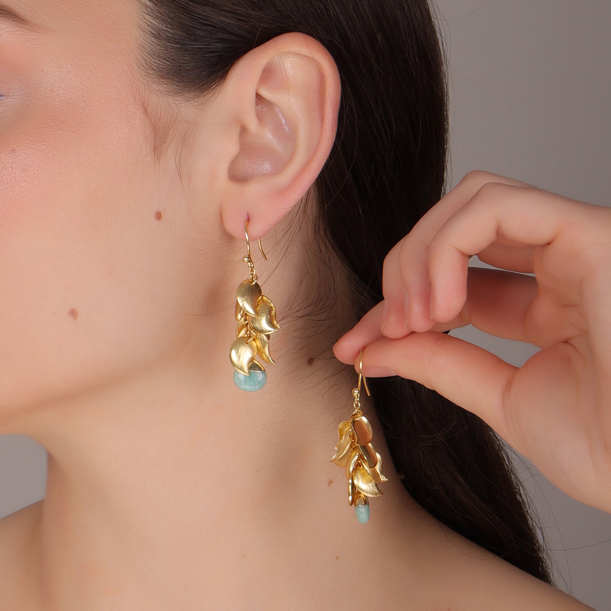 DuaAmazoniteGrapeLeafEarringsHandmadeGoldPlatedMinimalistJewelry