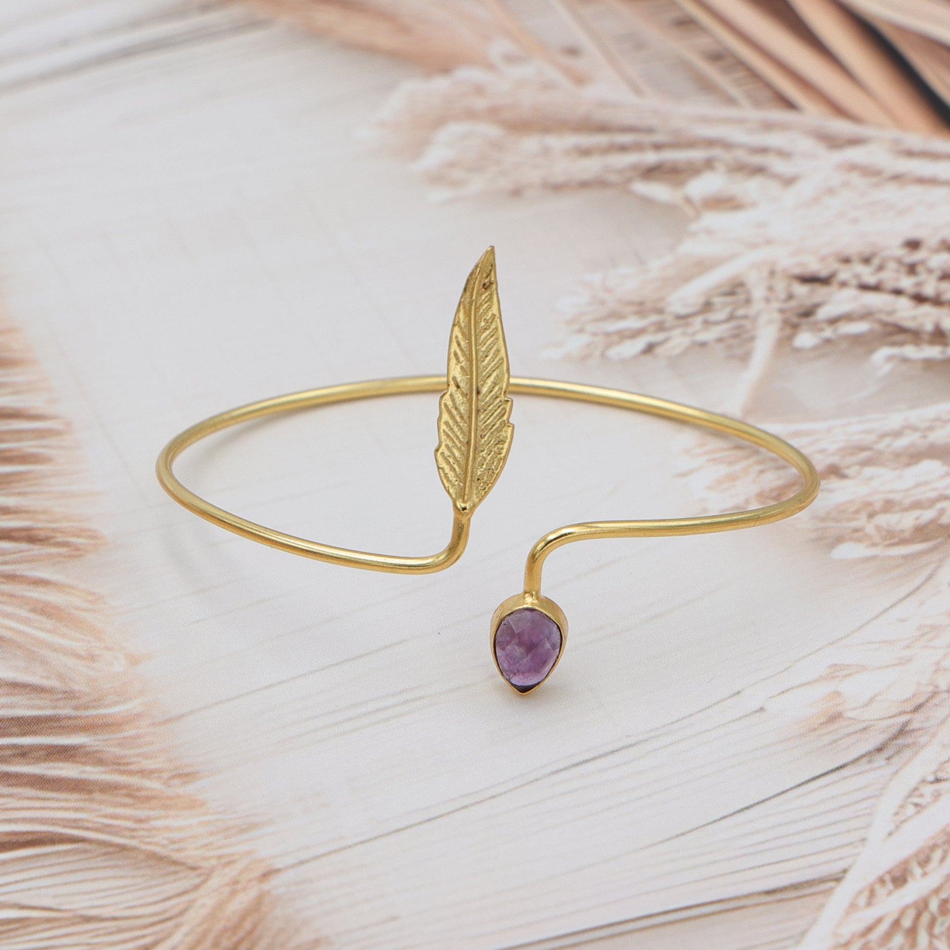 Dua Amethyst Leaf Bangle – Luxury Purple Gold-Plated Gemstone Bracelet - Dua Online