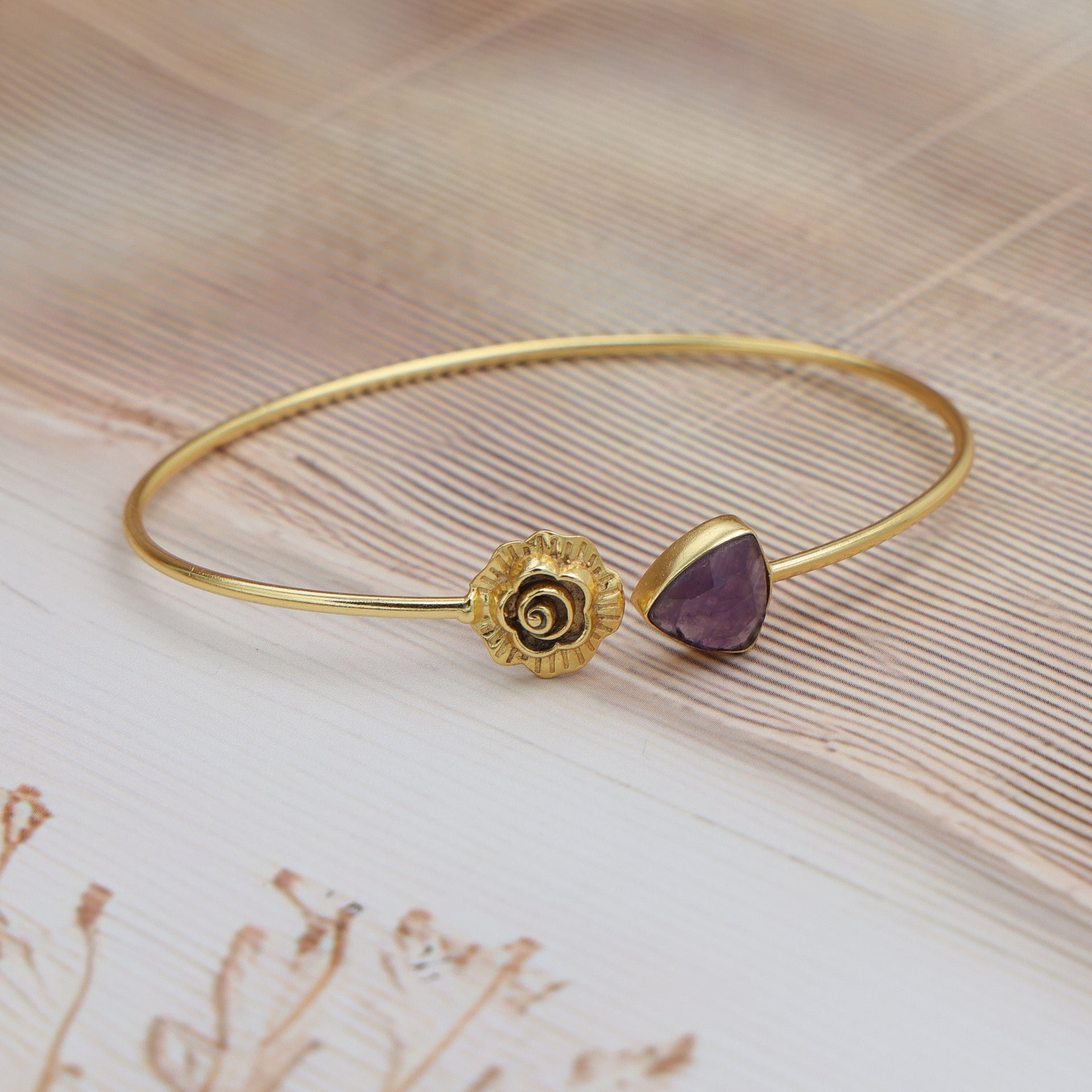 Dua Amethyst Trillion Rose Bangle – Purple Gold-Plated Statement Jewelry - Dua Online