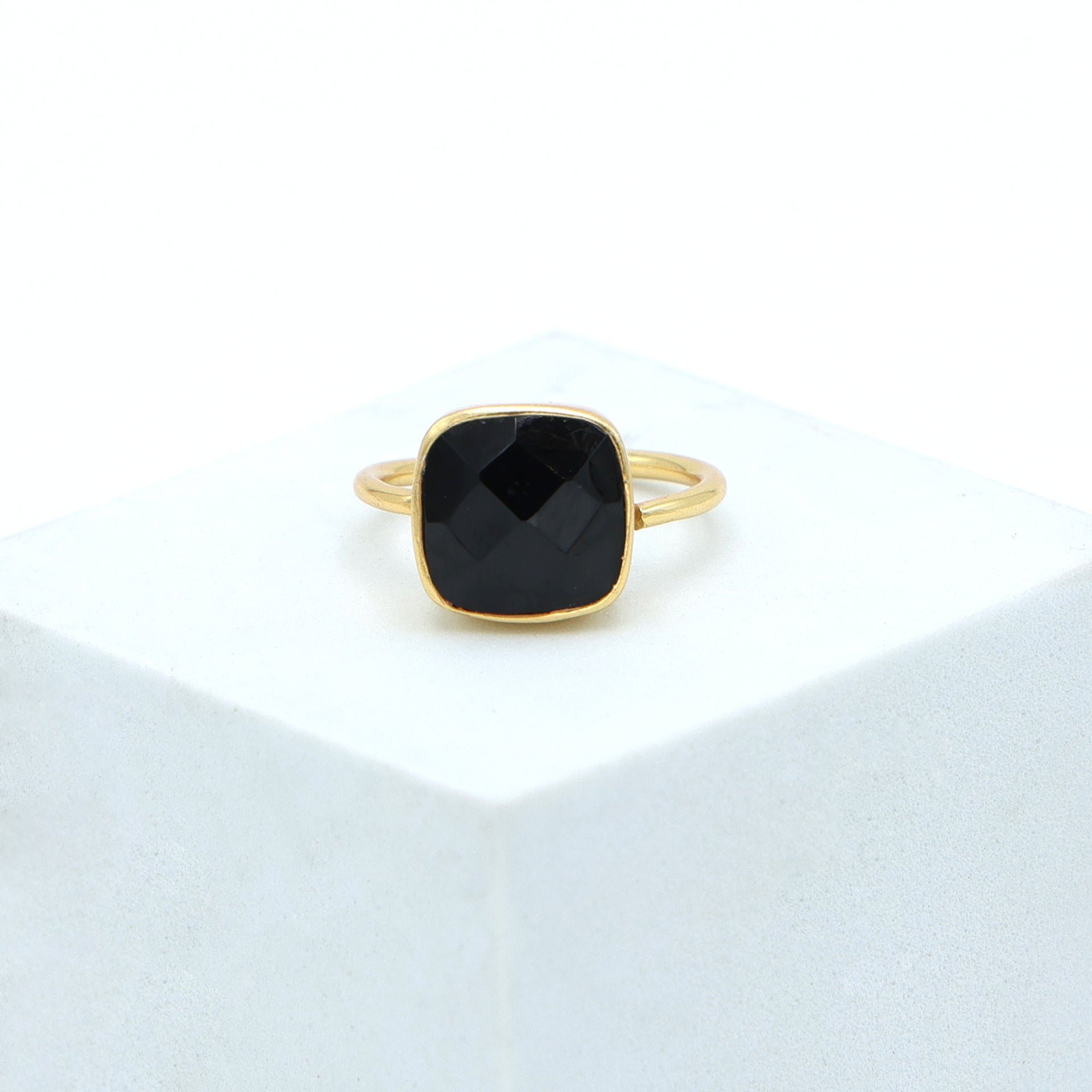 Dua Black Onyx Cushion Ring – Bold & Elegant Gold-Plated Protective Jewelry - Dua Online