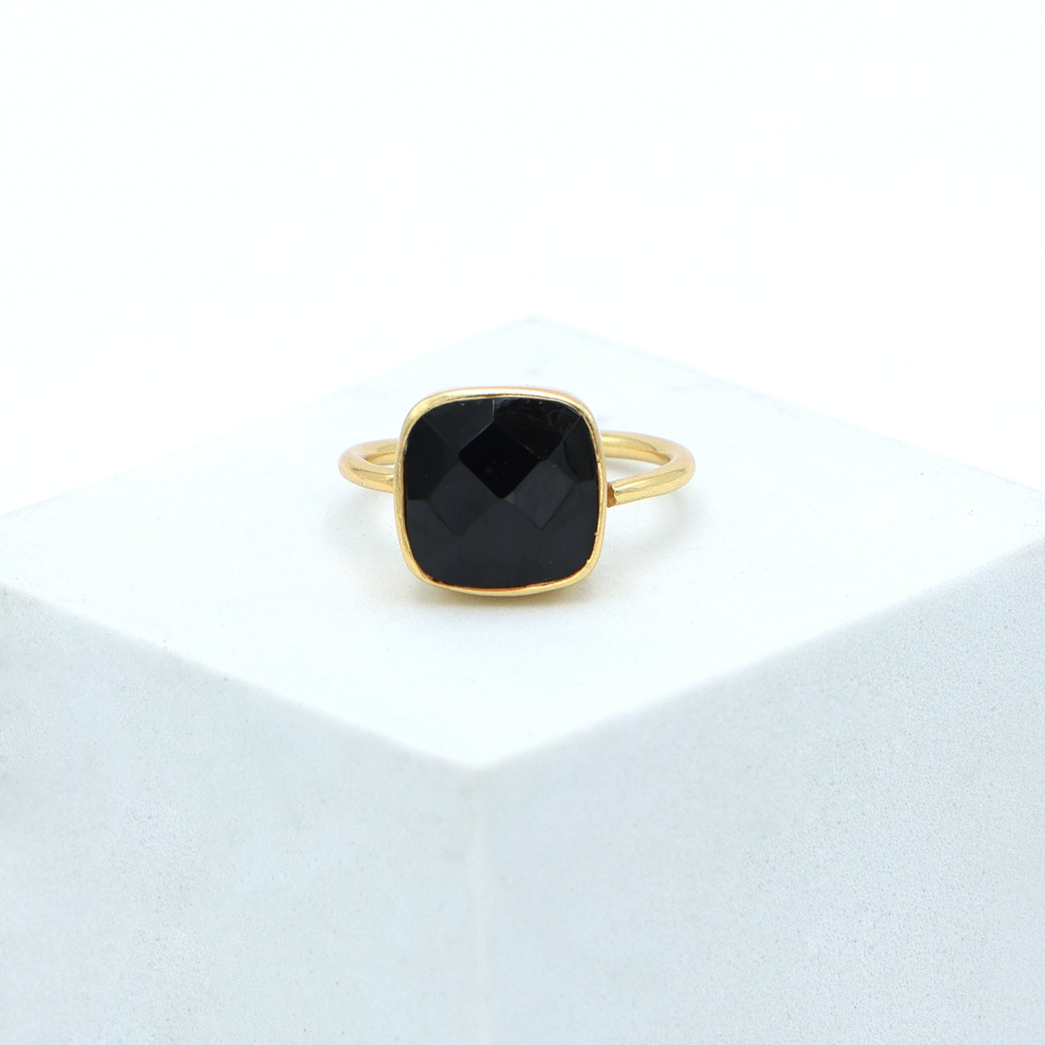 Dua Black Onyx Cushion Ring – Bold & Elegant Gold-Plated Protective Jewelry - Dua Online