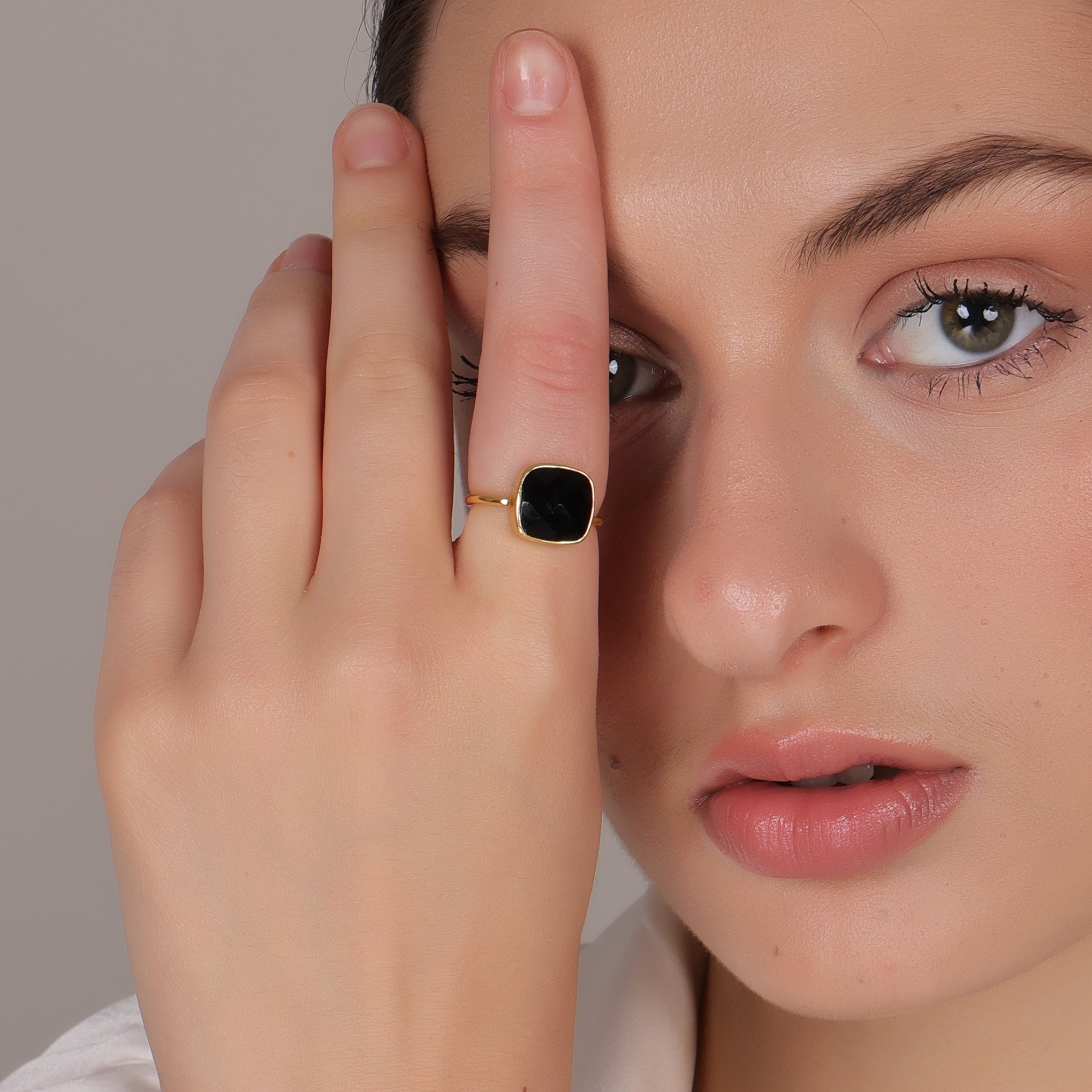Dua Black Onyx Cushion Ring – Bold & Elegant Gold-Plated Protective Jewelry - Dua Online