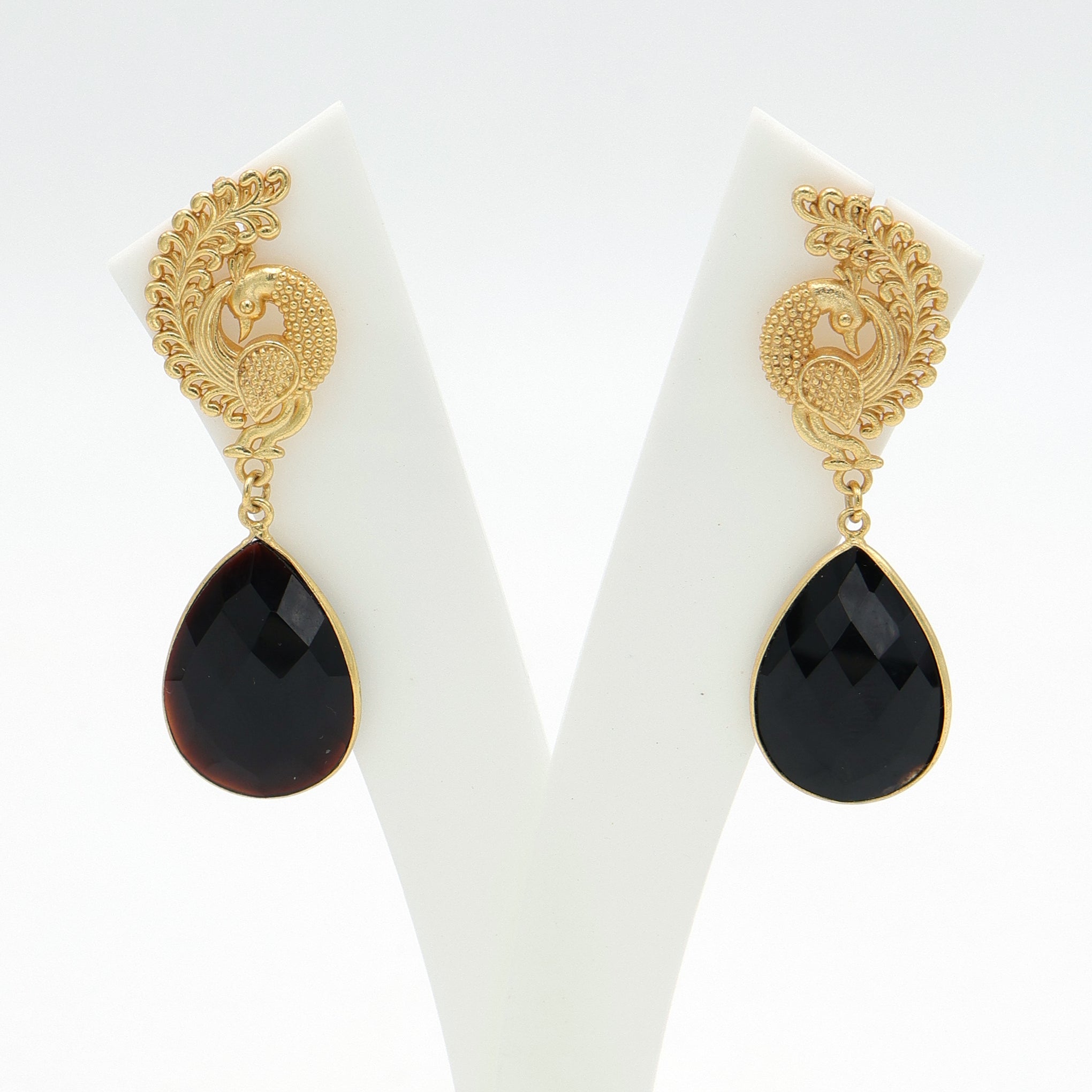 DuaBlackOnyxPeacockEarringsHandmadeGoldPlatedElegantJewelry
