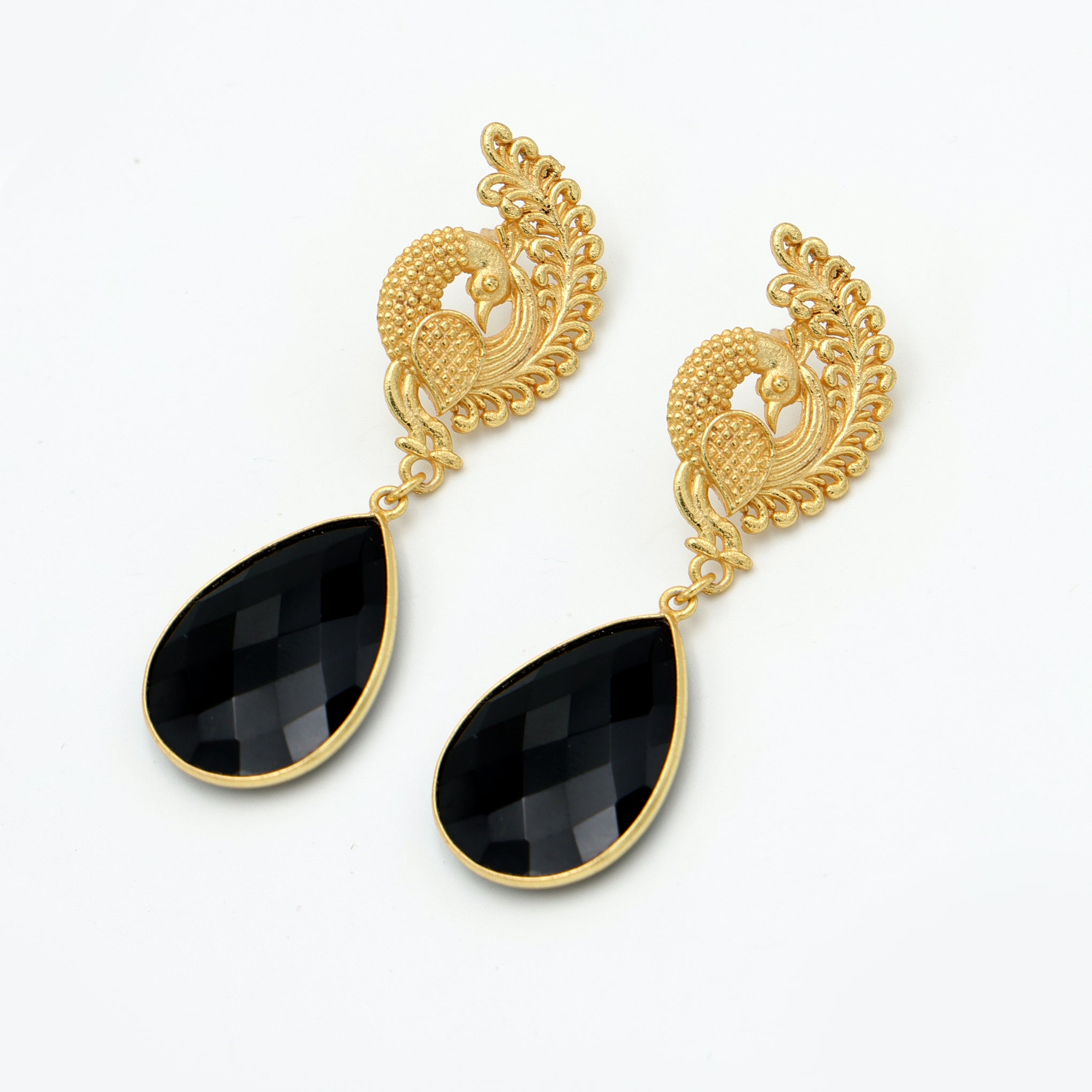 DuaBlackOnyxPeacockEarringsHandmadeGoldPlatedElegantJewelry
