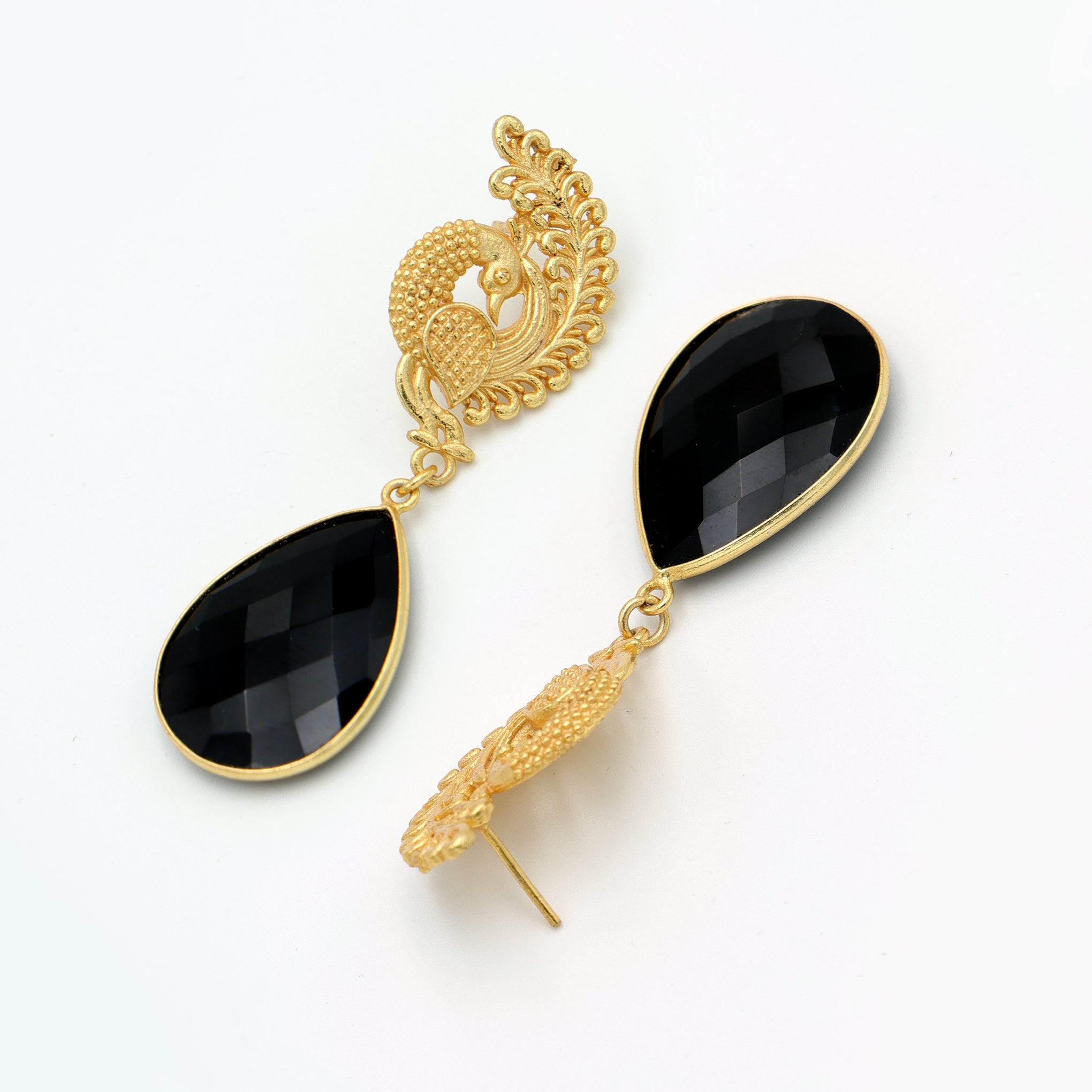 DuaBlackOnyxPeacockEarringsHandmadeGoldPlatedElegantJewelry