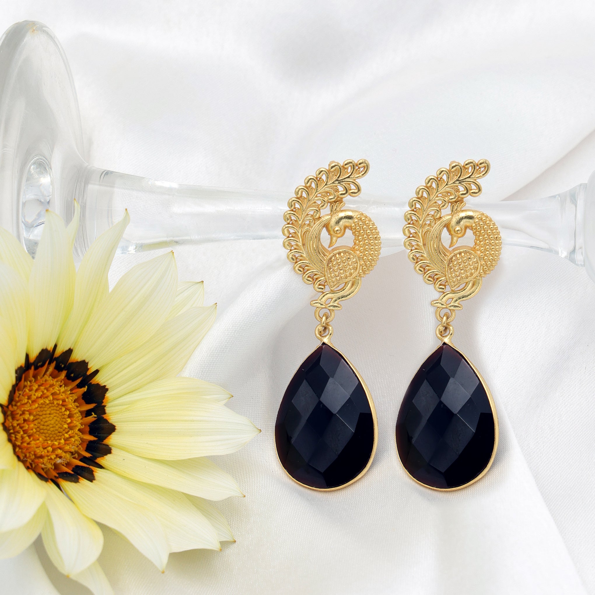 DuaBlackOnyxPeacockEarringsHandmadeGoldPlatedElegantJewelry