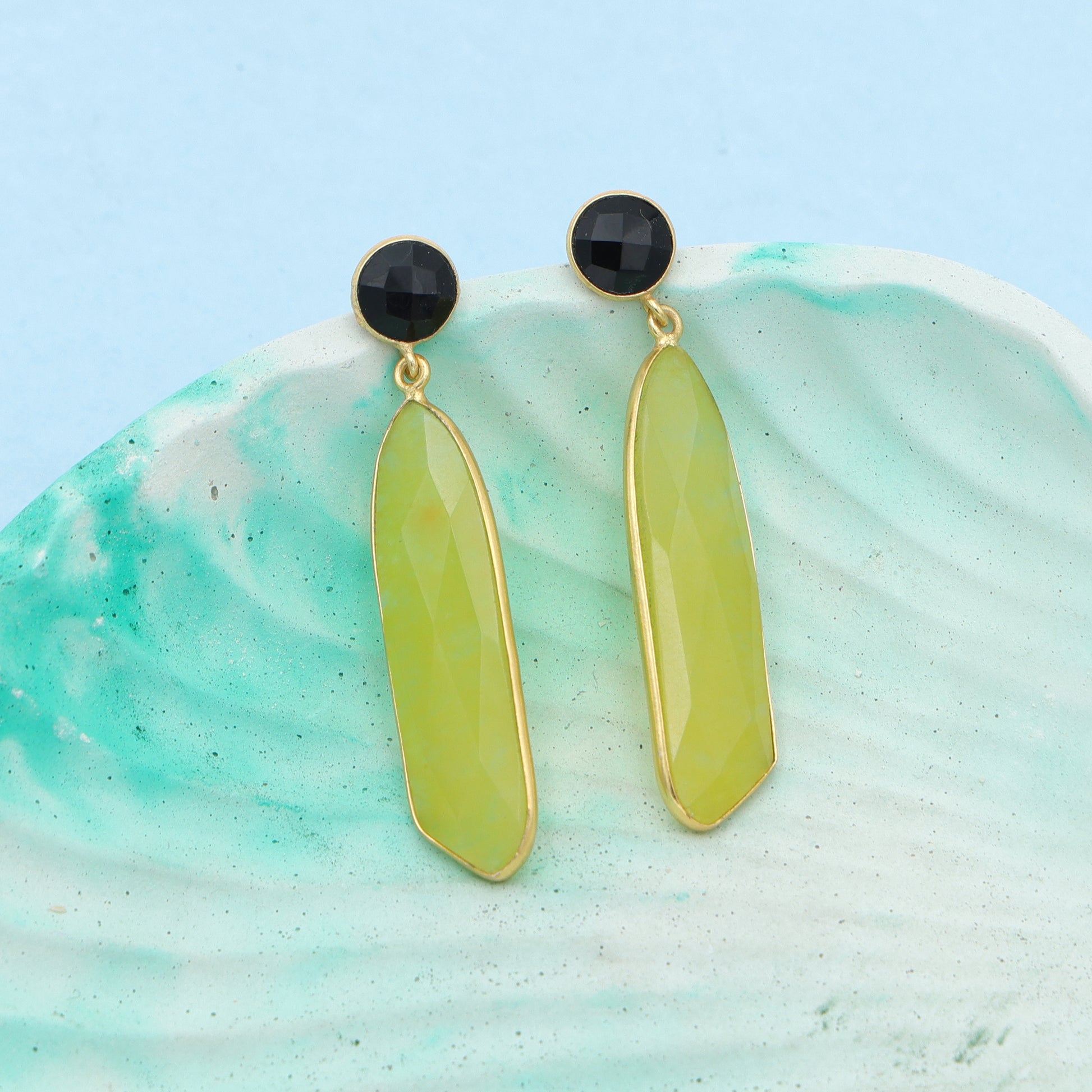 Dua Black Onyx & Yellow Jade Earrings – Handmade Gold-Plated Multicolor Jewelry - Dua Online
