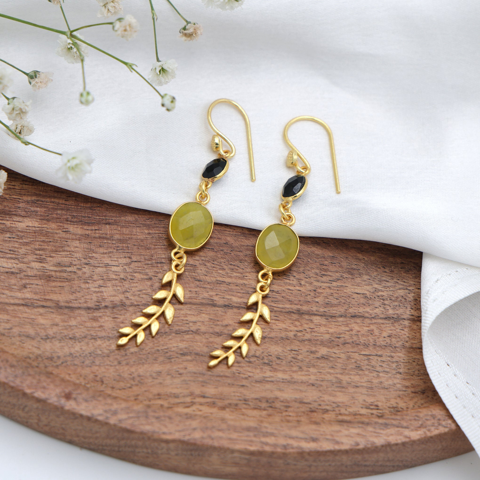 Dua Black Onyx and Yellow Jade Earrings – Handmade Gold-Plated Jewelry - Dua Online