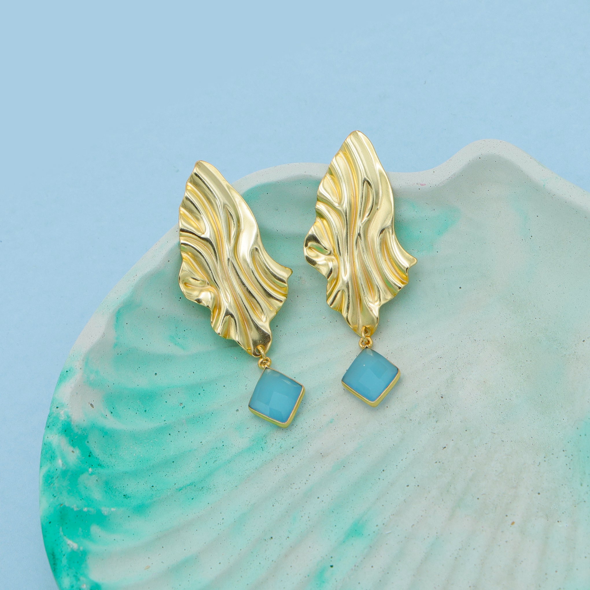 DuaBlueChalcedonyEarringsHandmadeGoldPlatedElegantJewelryforWomen