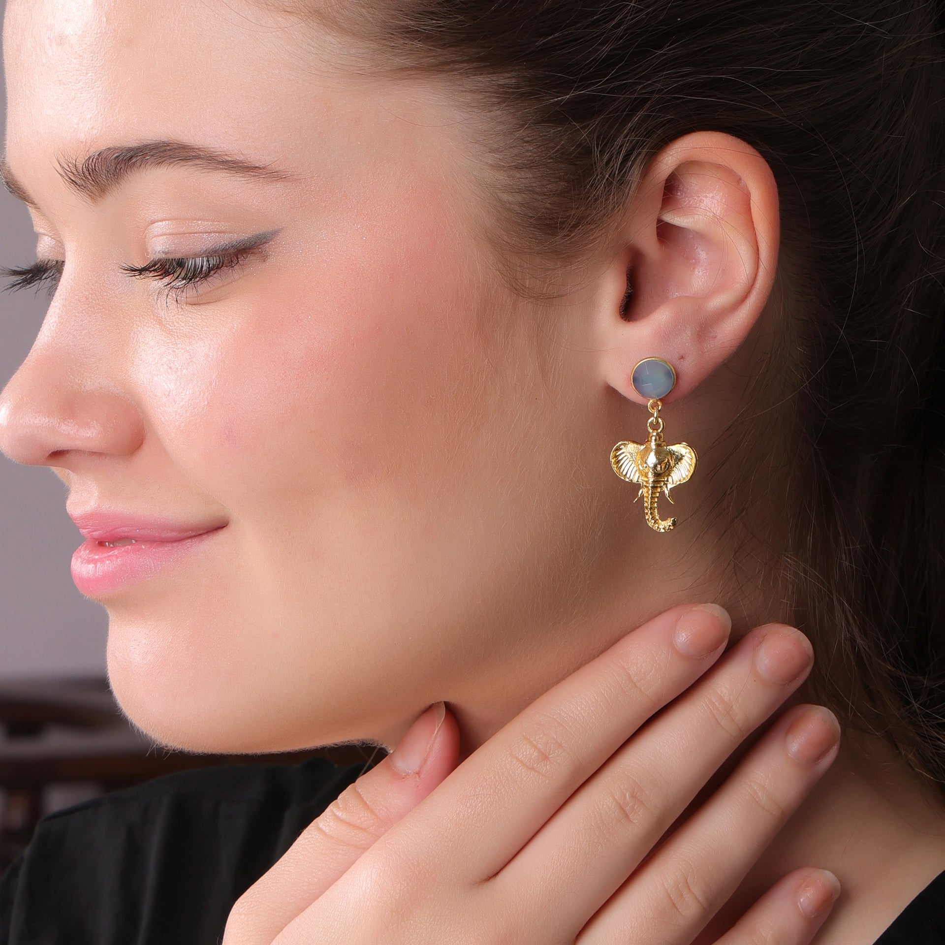 DuaBlueChalcedonyGaneshEarrings_HandcraftedGold-PlatedUniqueJewelry