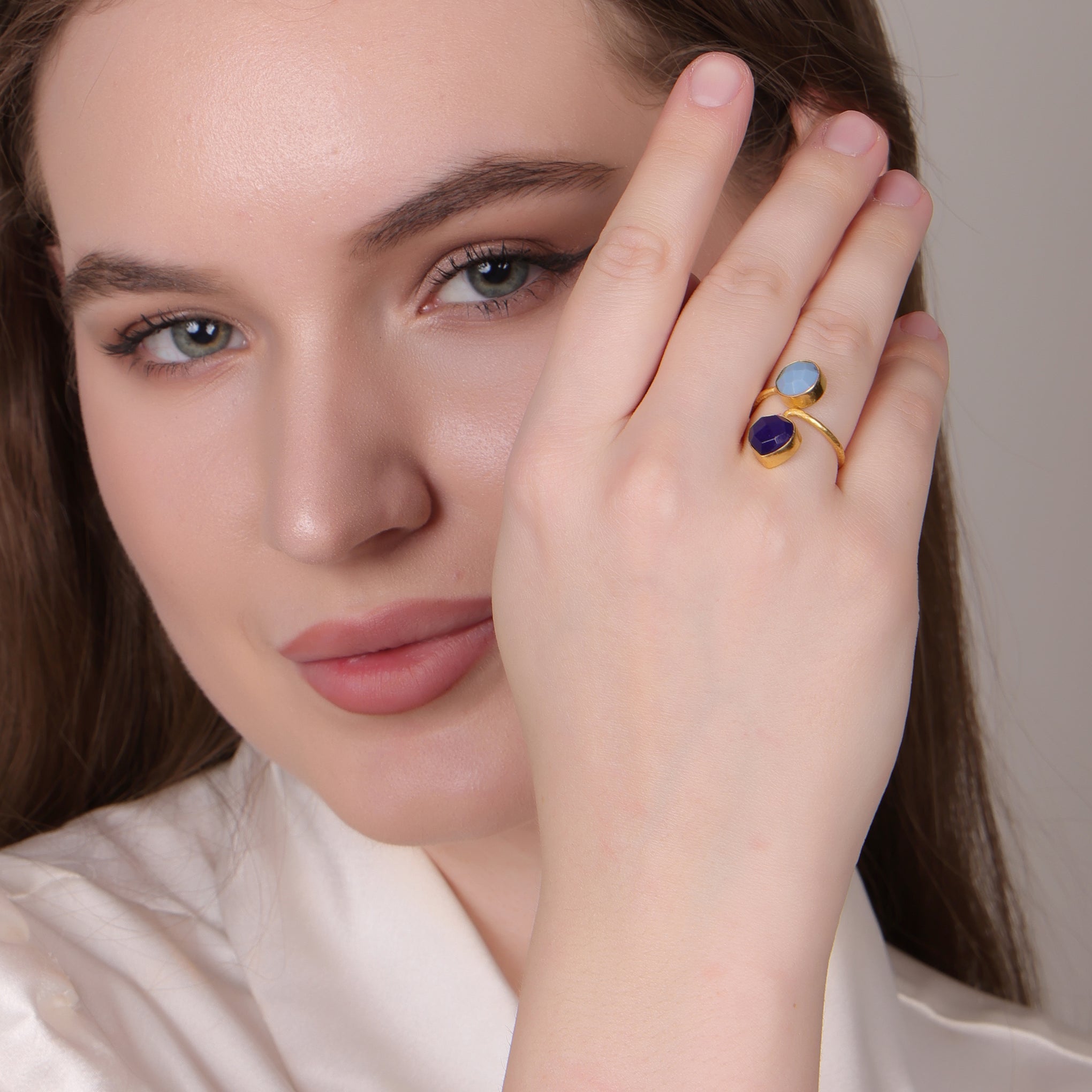 Dua Blue Jade & Blue Opal Round Heart Ring | Adjustable Gemstone Jewelry