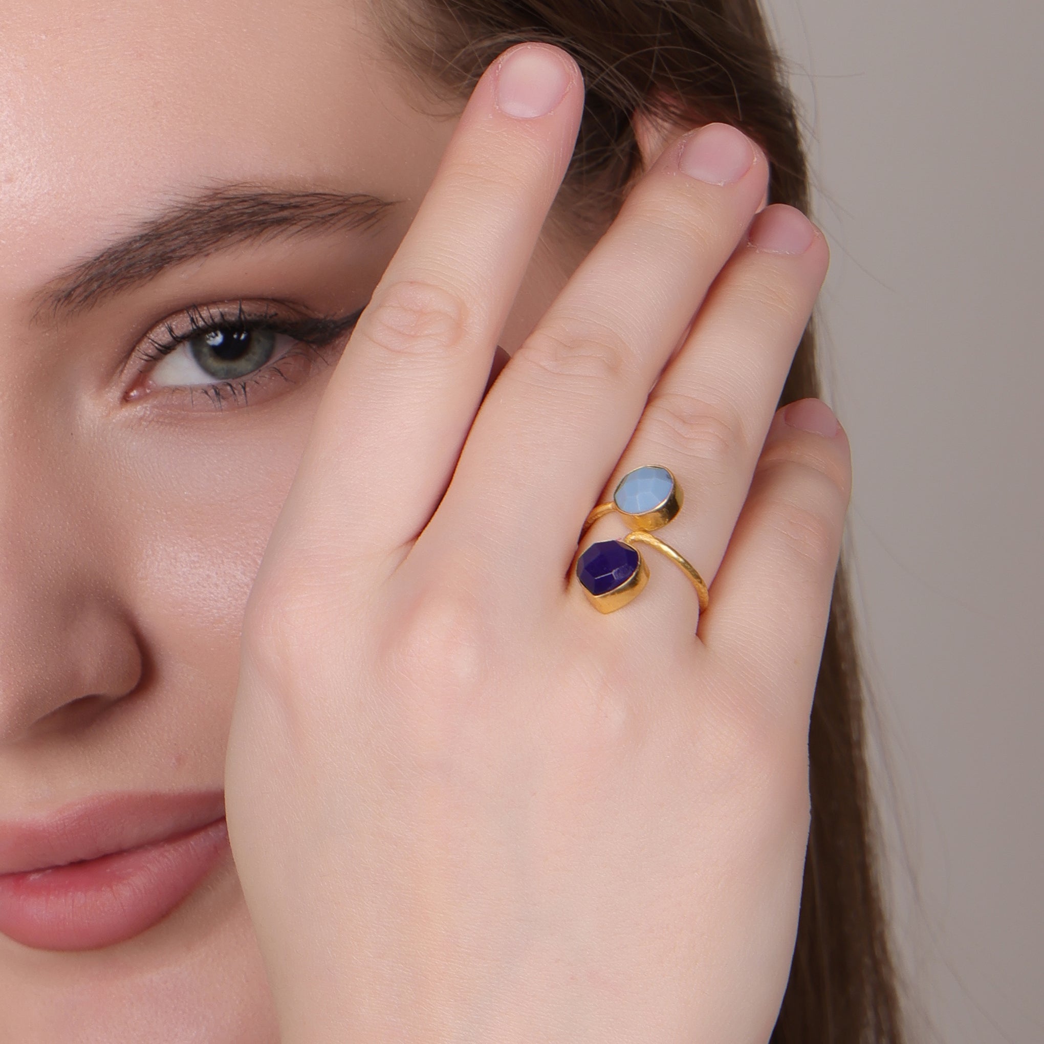 Dua Blue Jade & Blue Opal Round Heart Ring | Adjustable Gemstone Jewelry