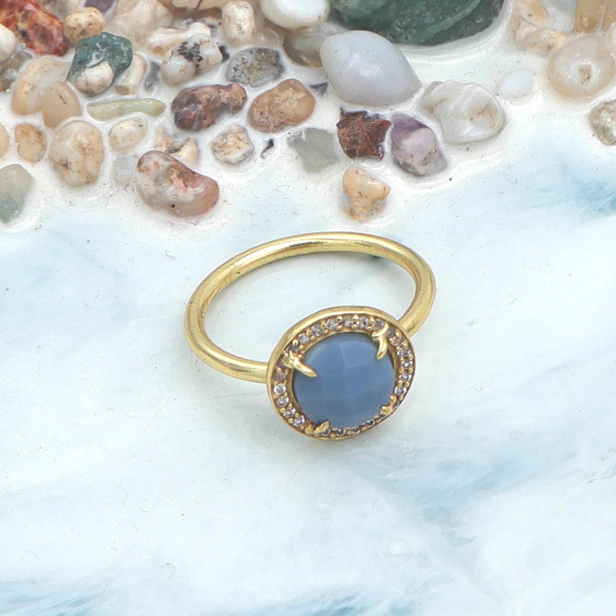 Dua Blue Opal Gold-Plated Adjustable Round Ring – Blue Gemstone Party & Engagement Jewelry