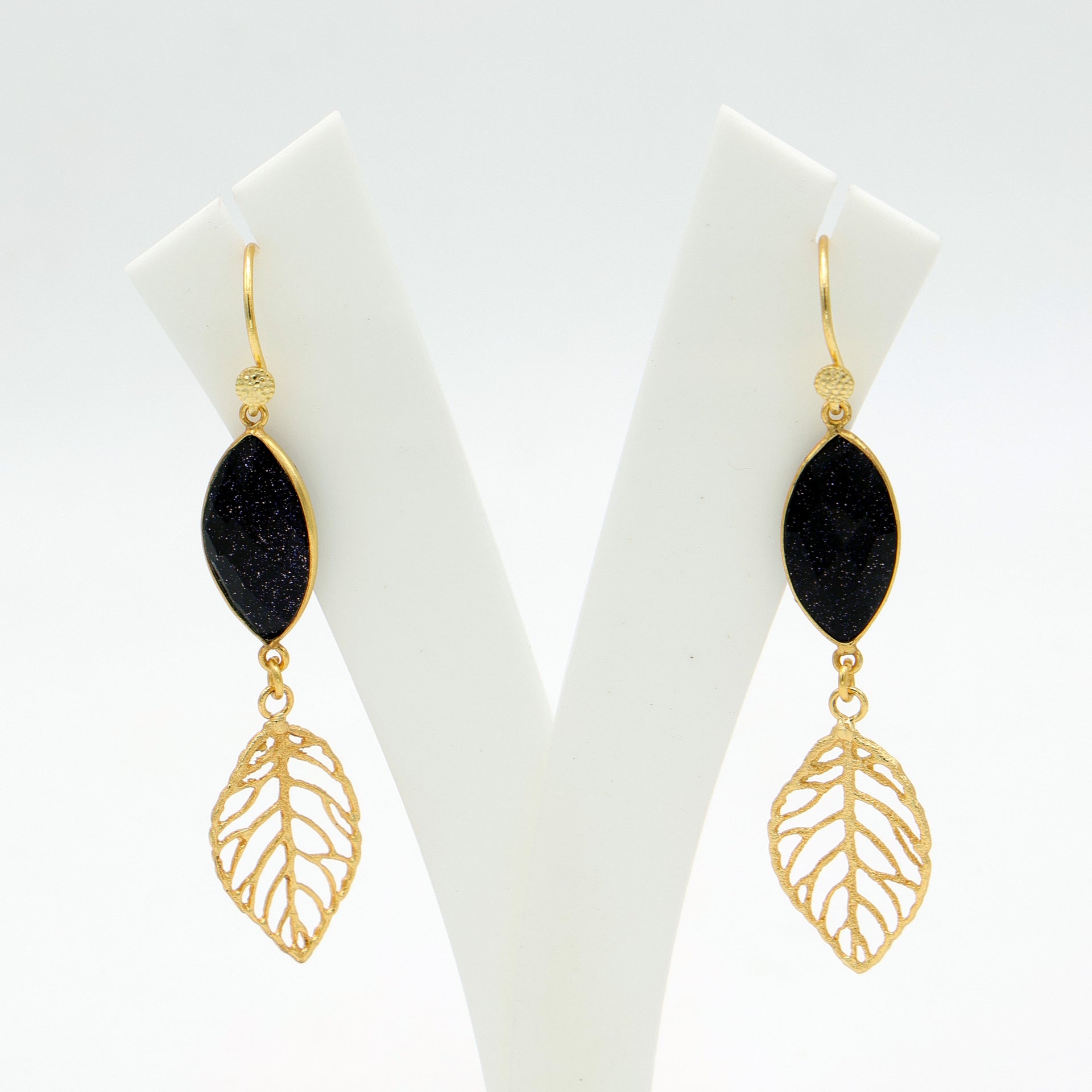 DuaBlueSunstoneLeafEarringsGoldPlatedHandmadeJewelryforWomen
